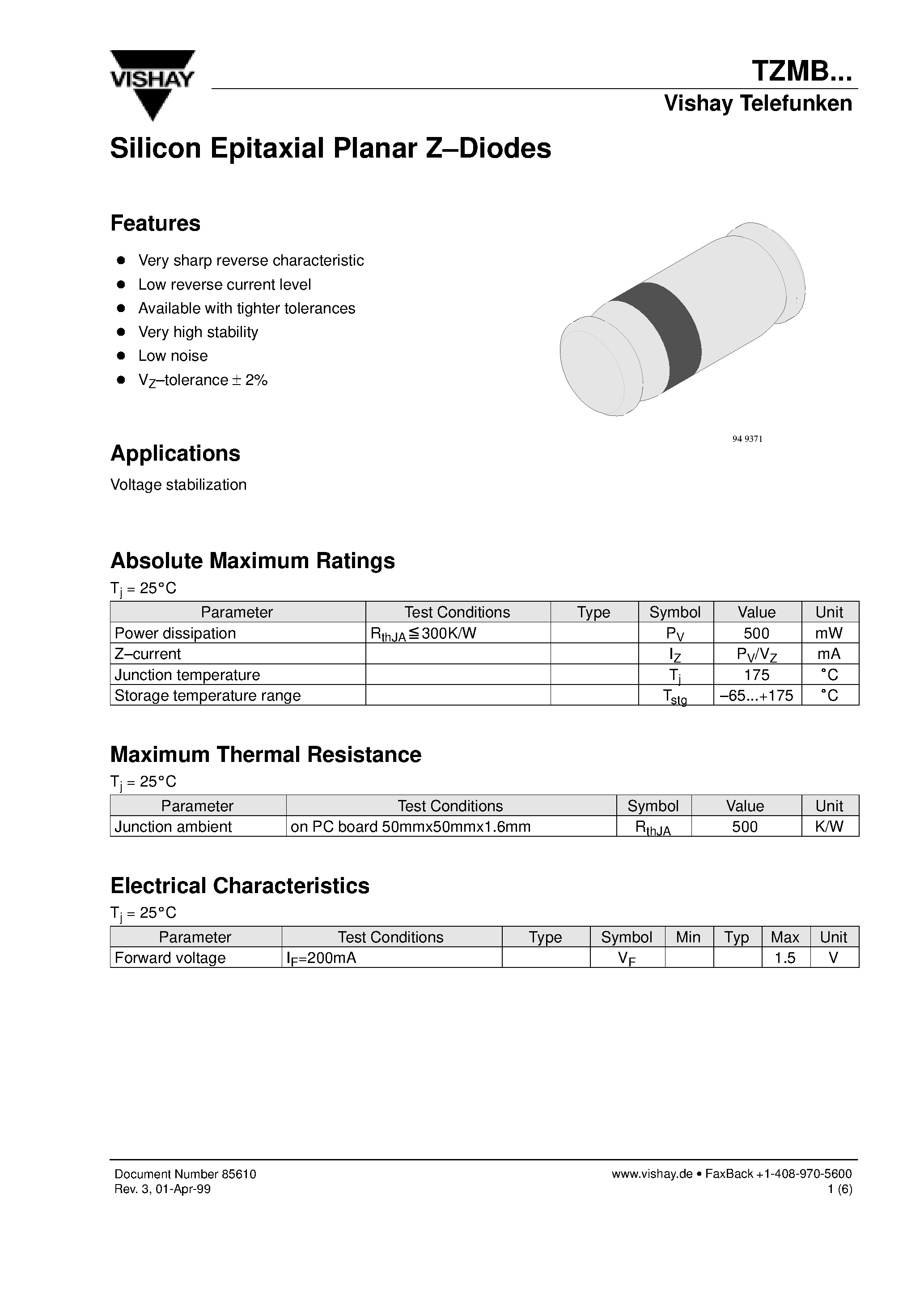 Даташит TZMB - Silicon Epitaxial Planar Z-Diodes страница 1