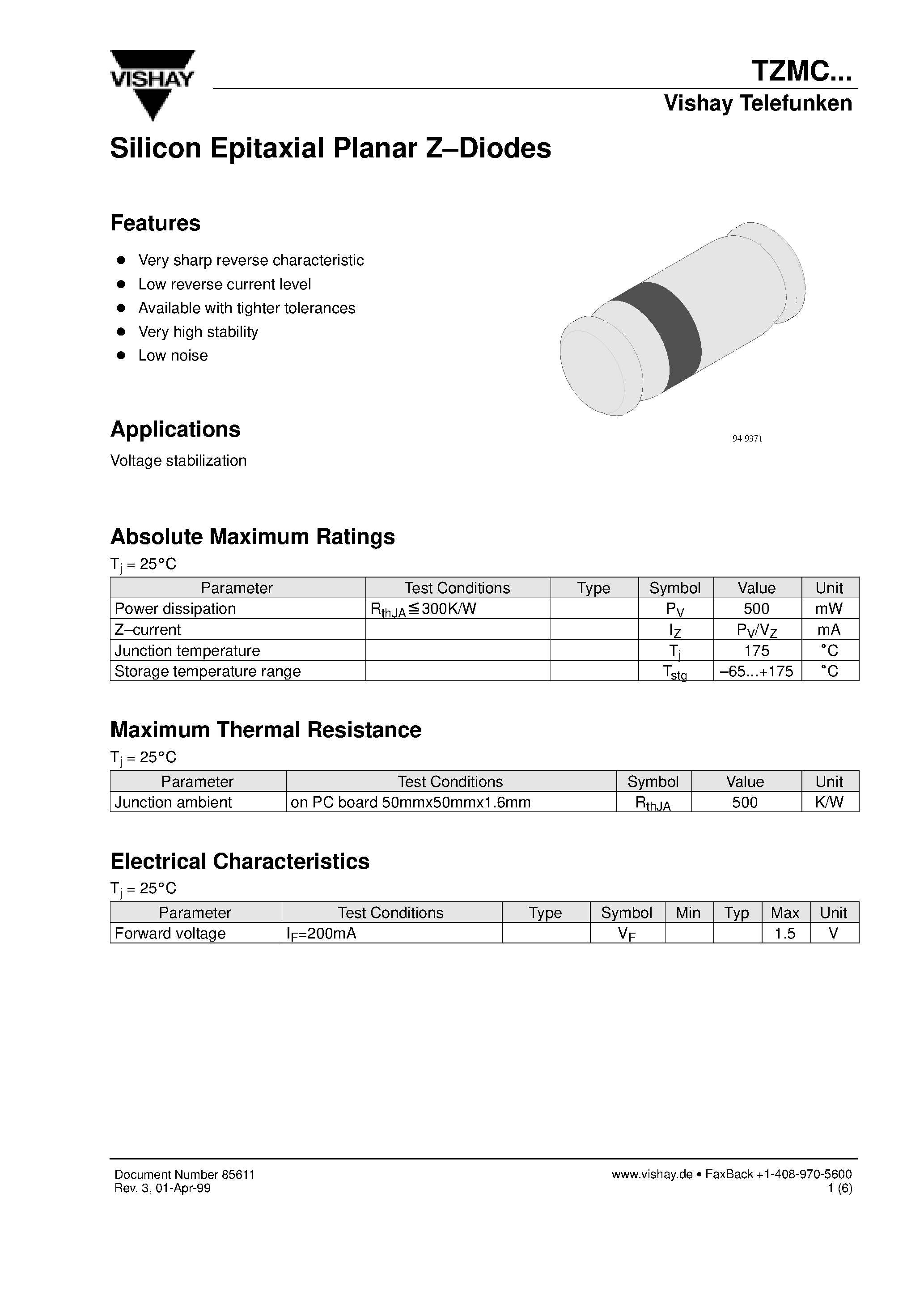 Даташит TZMC - Silicon Epitaxial Planar Z-Diodes страница 1