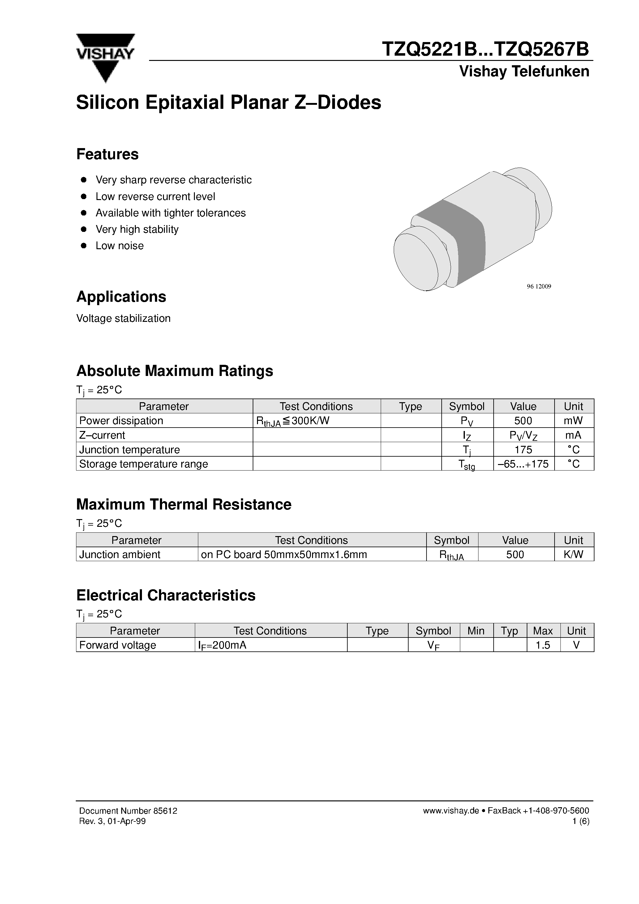 Даташит TZQ5221B - Silicon Epitaxial Planar Z-Diodes страница 1