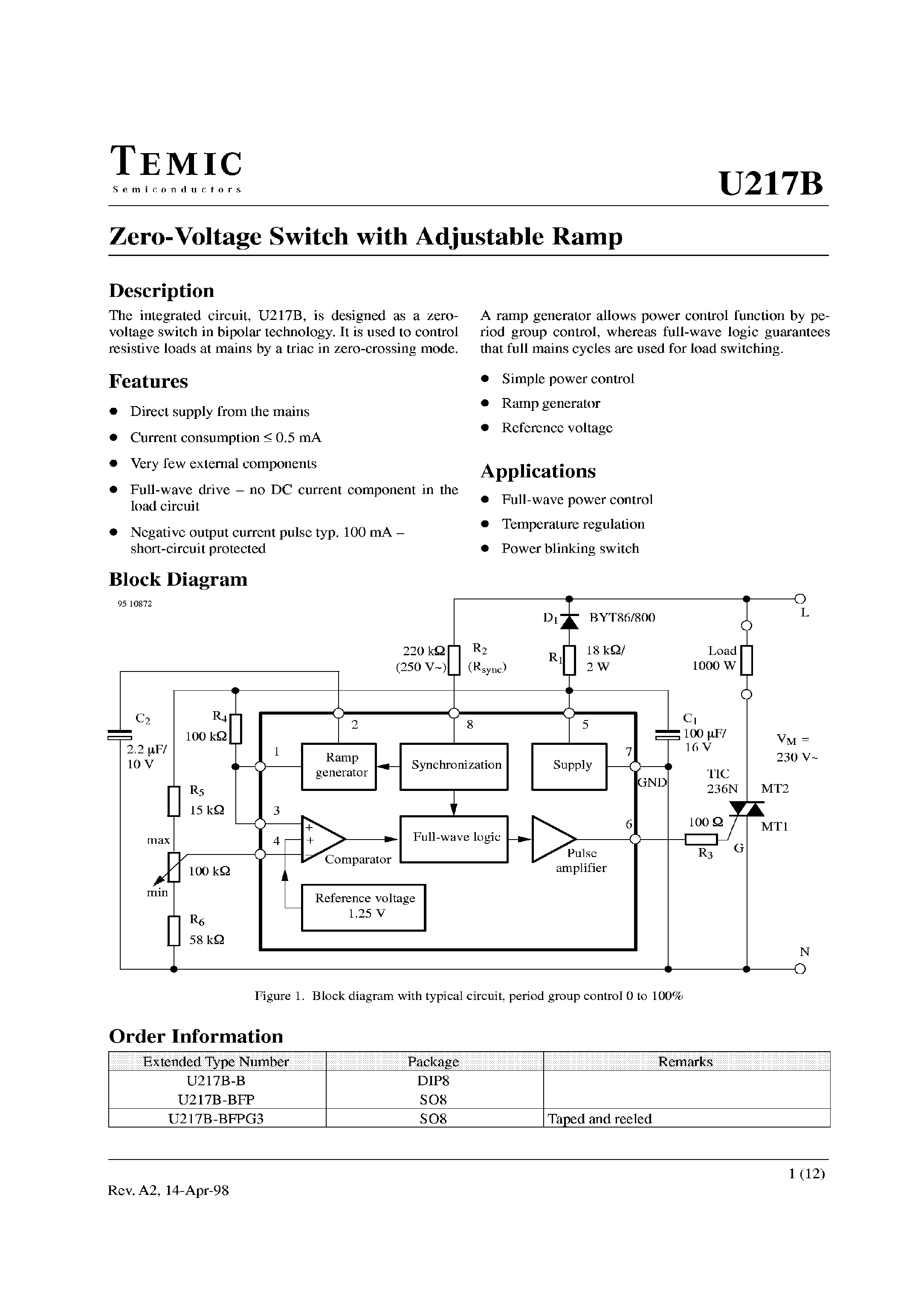 Datasheet U217B-B - Zero-Voltage Switch with Adjustable Ramp page 1