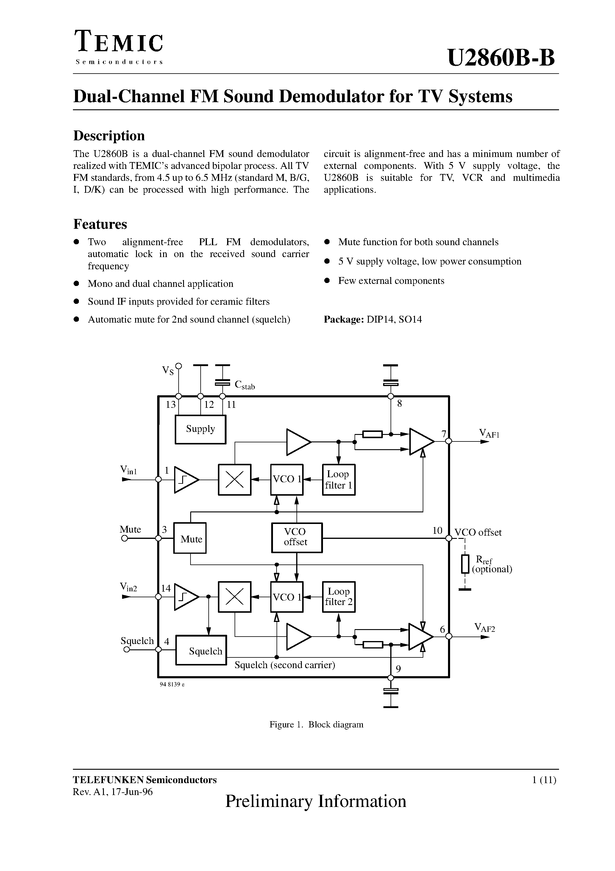 Datasheet U2860B-B - Dual-Channel FM Sound Demodulator for TV Systems page 1