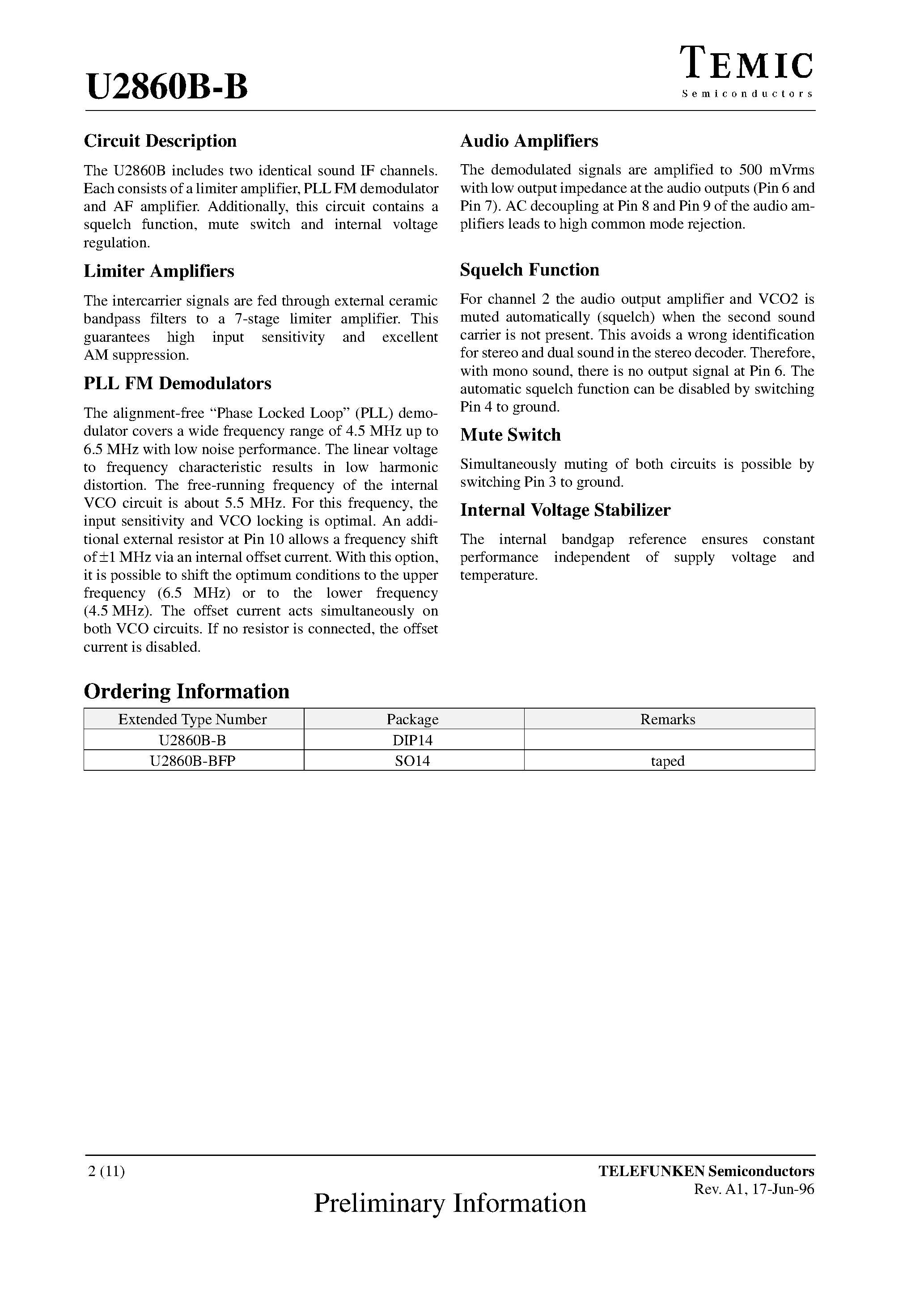 Datasheet U2860B-B - Dual-Channel FM Sound Demodulator for TV Systems page 2