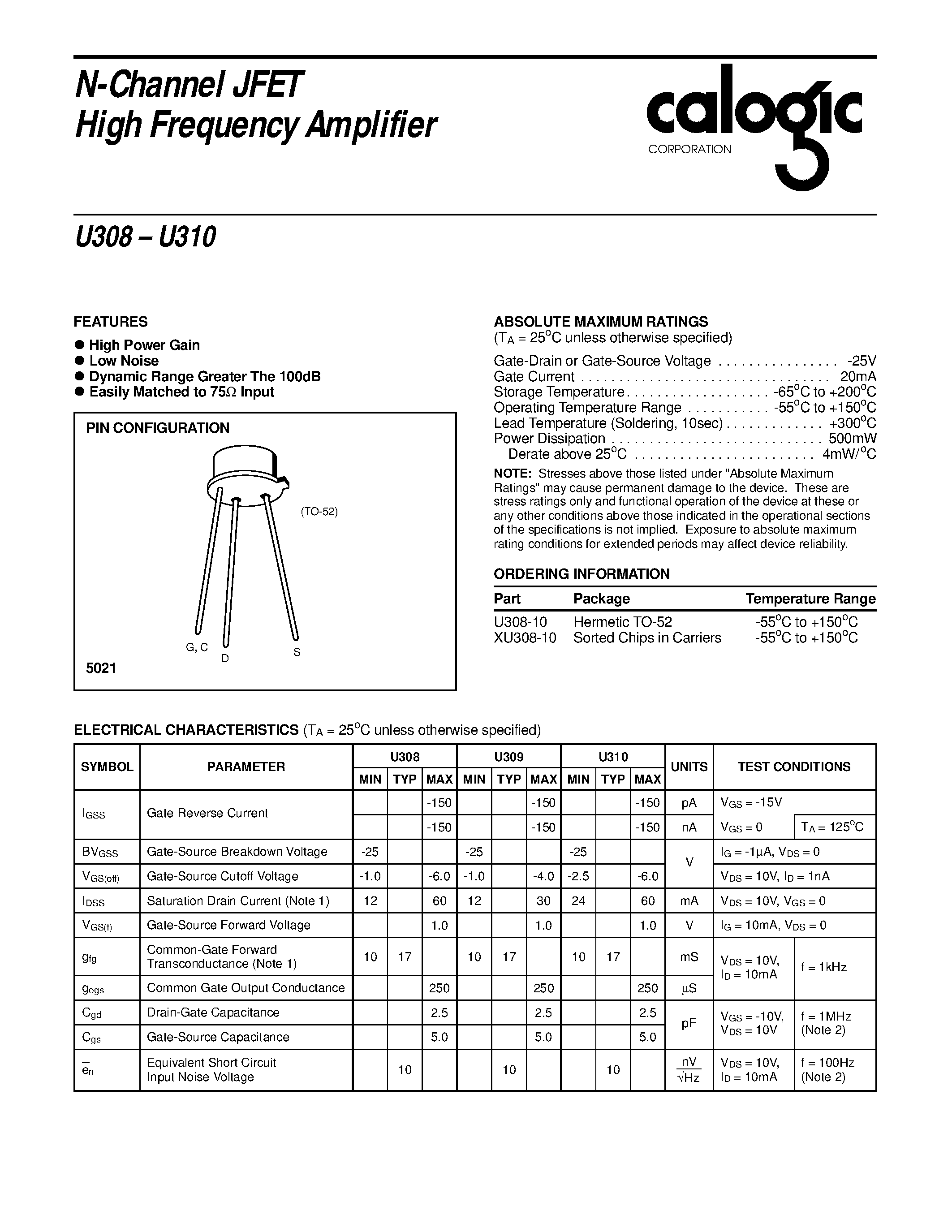 Даташит U308 - N-Channel JFET High Frequency Amplifier страница 1