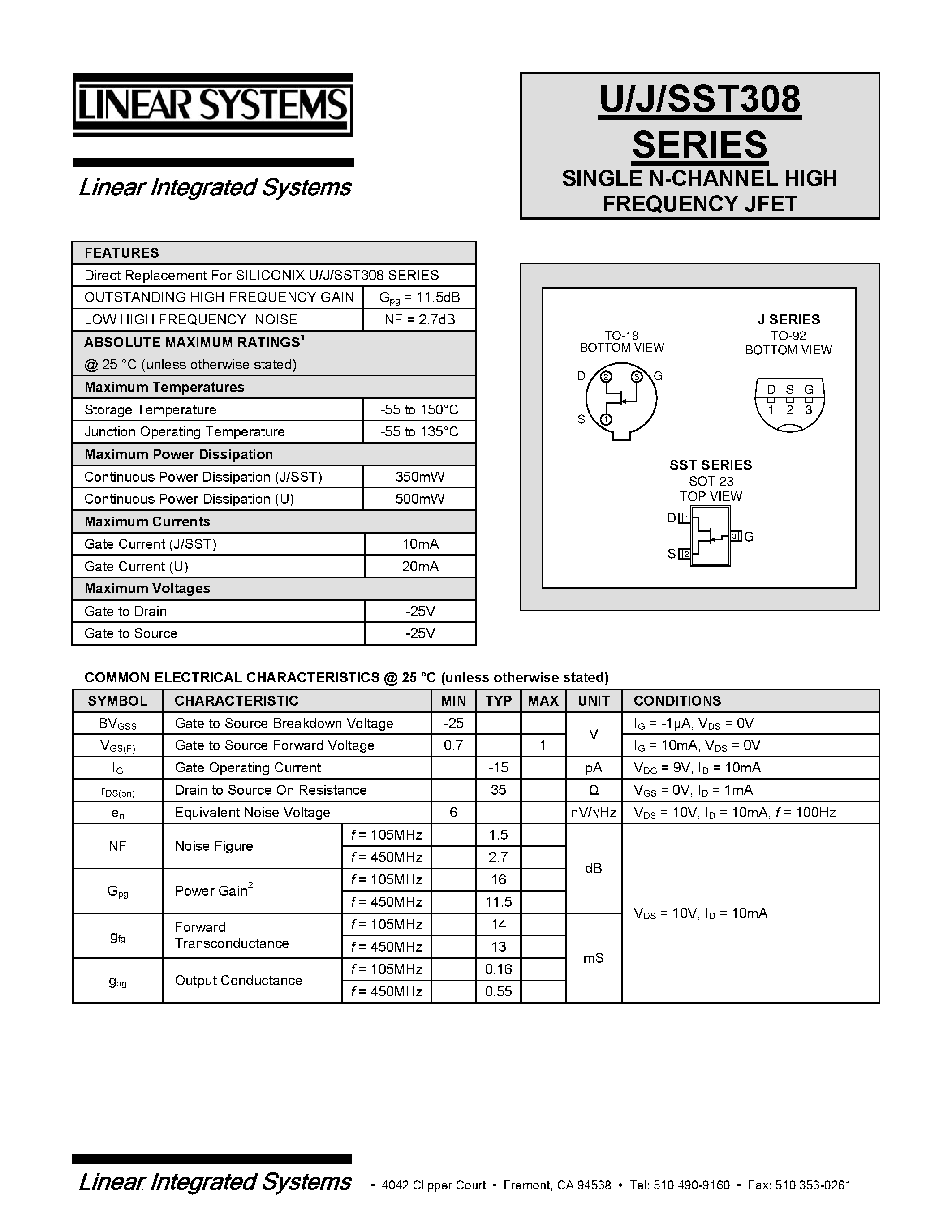 Даташит U308 - SINGLE N-CHANNEL HIGH FREQUENCY JFET страница 1