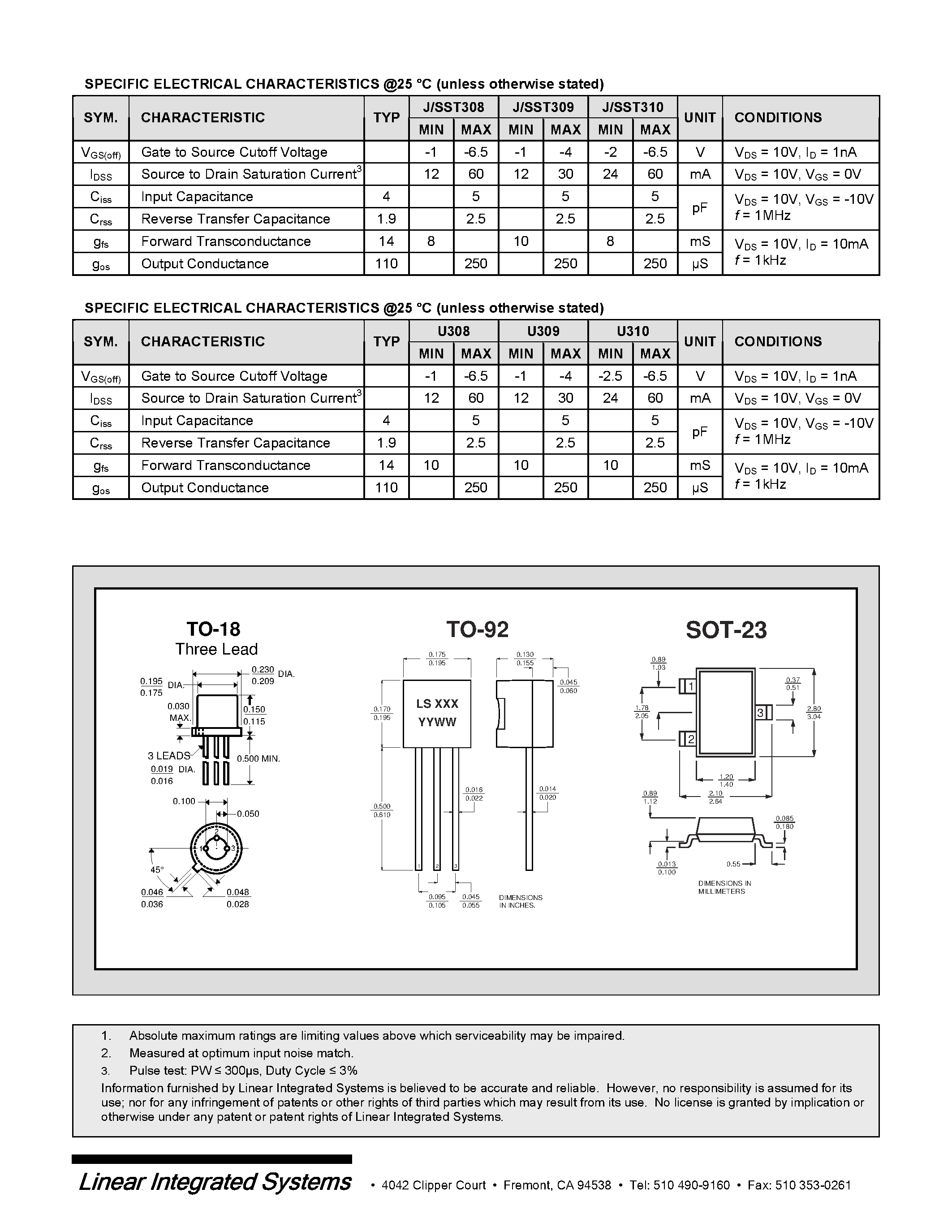 Даташит U308 - SINGLE N-CHANNEL HIGH FREQUENCY JFET страница 2