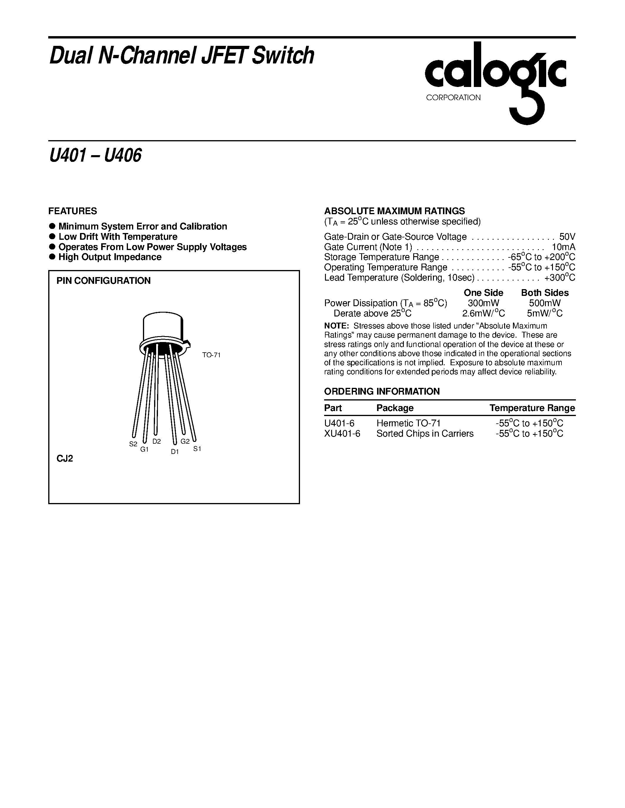 Даташит U401 - Dual N-Channel JFET Switch страница 1