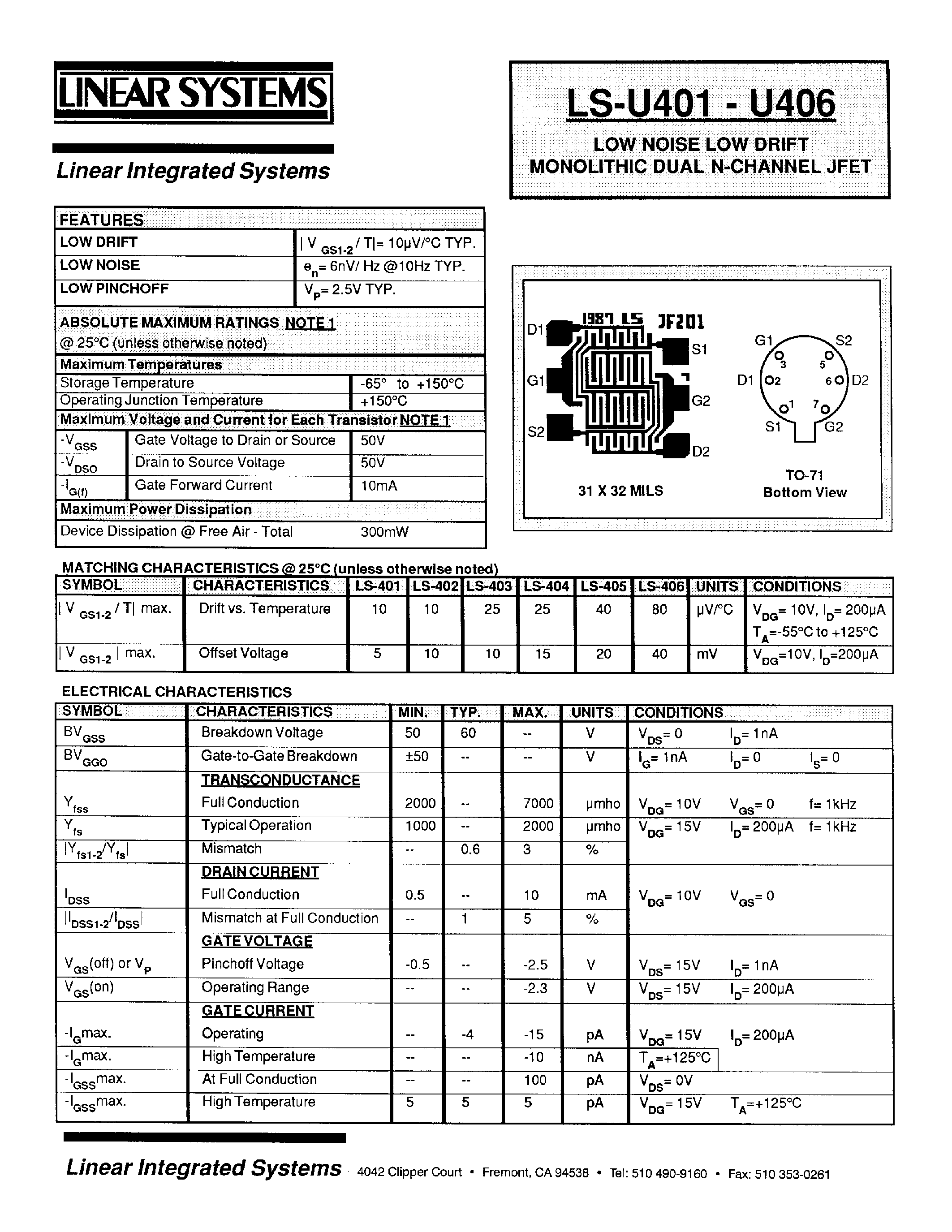 Даташит U401 - LOW NOISE LOW DRIFT MONOLITHIC DUAL N CHANNEL JFET страница 1