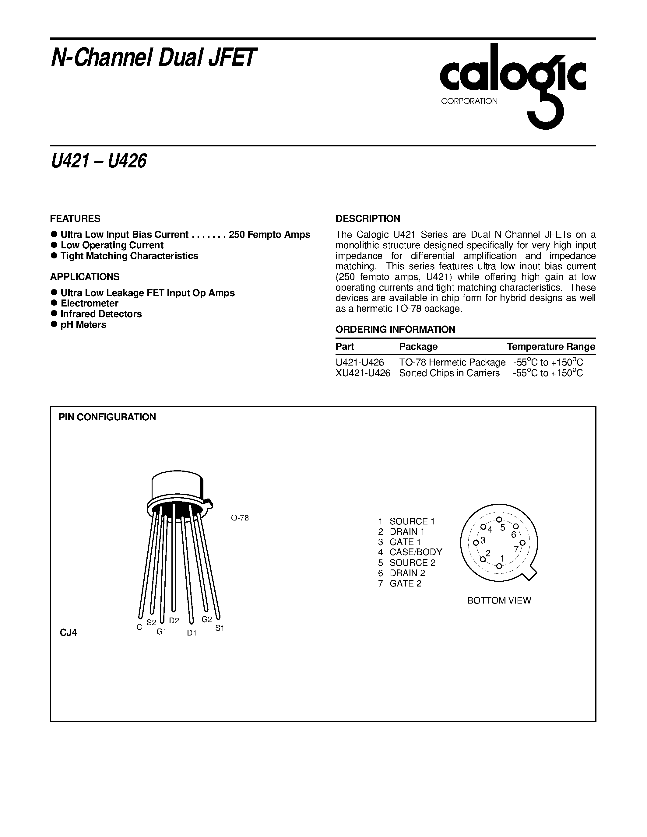 Даташит U421 - N-Channel Dual JFET страница 1