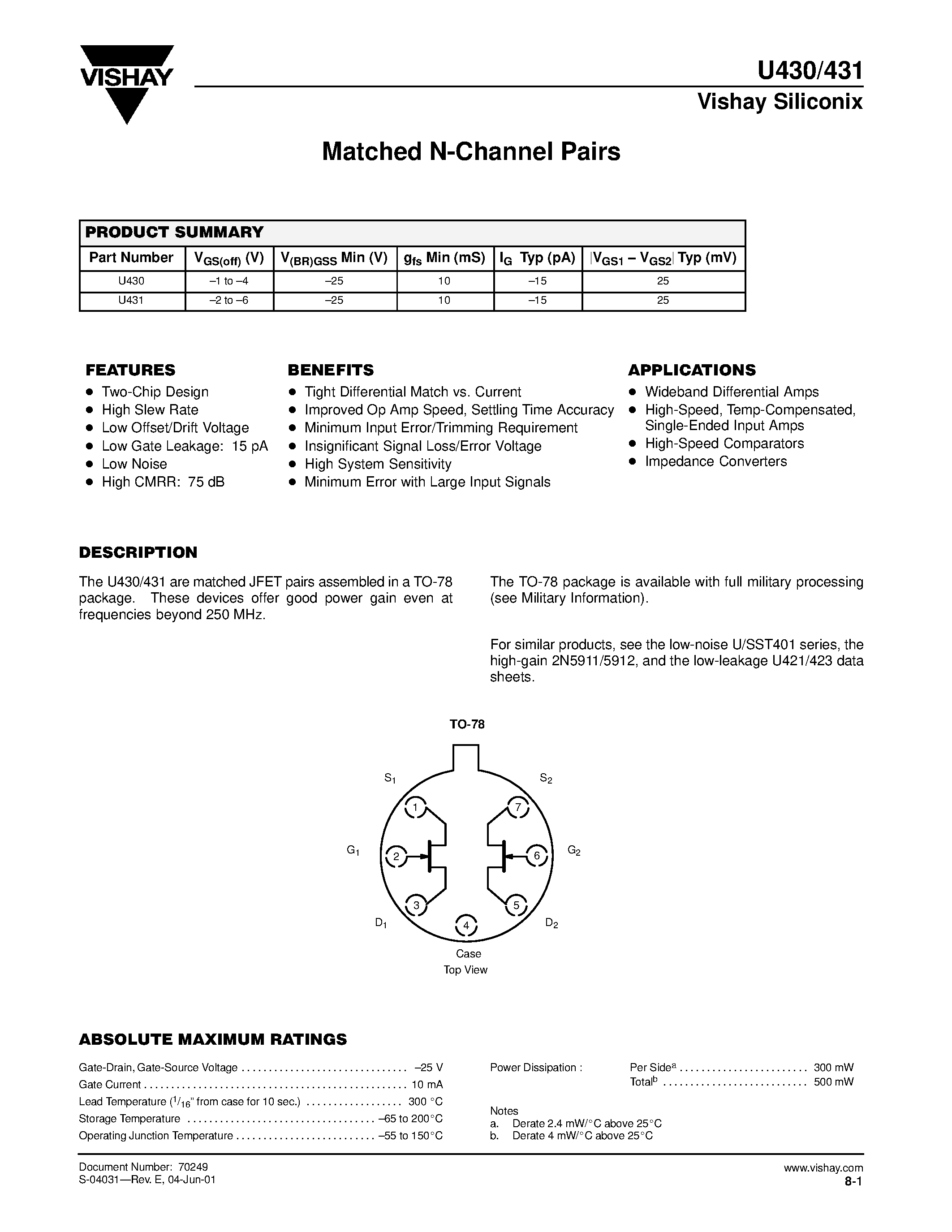 Даташит U430 - Matched N-Channel Pairs страница 1