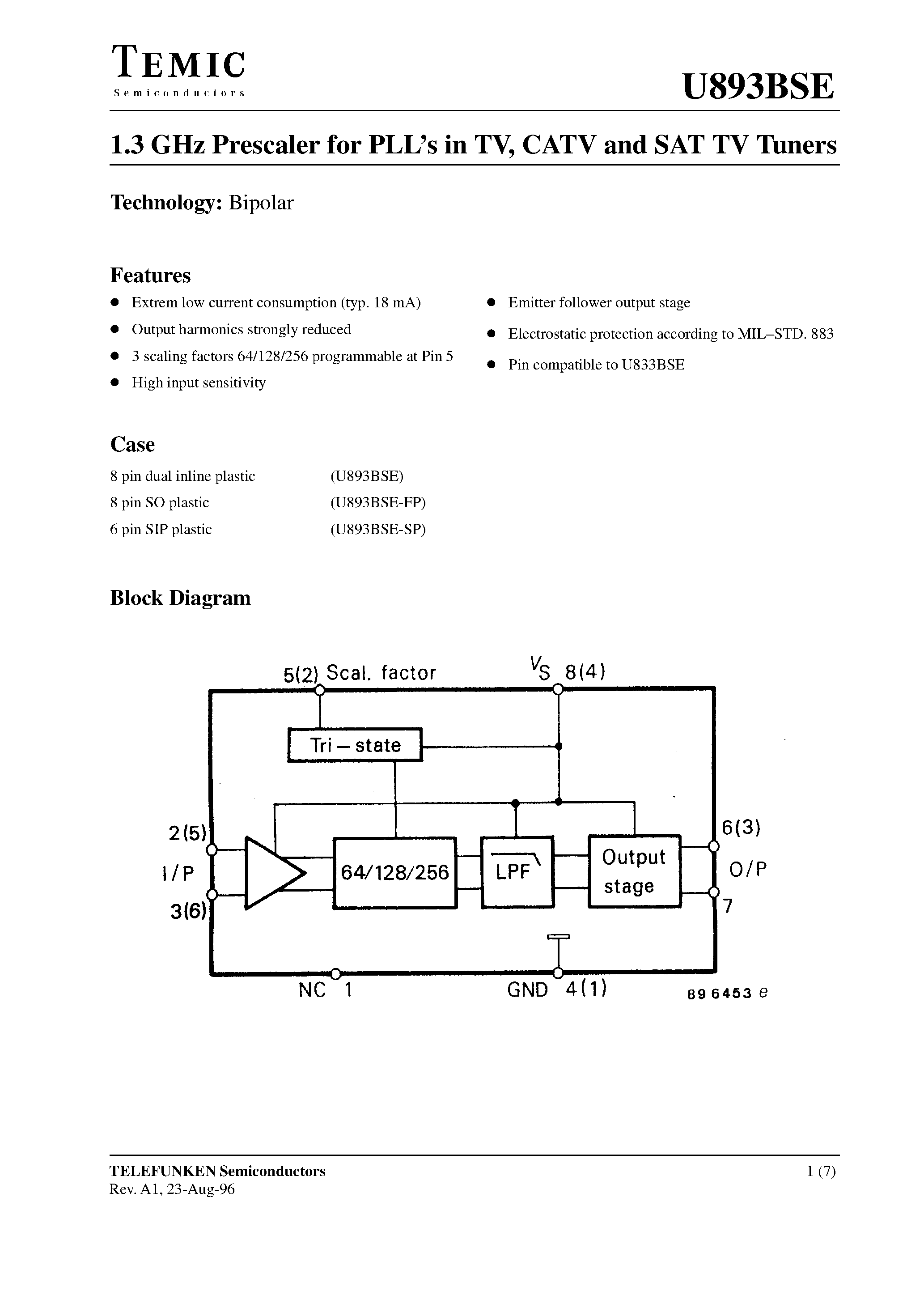 Даташит U893BSE - 1.3 GHz Prescaler for PLLs in TV/ CATV and SAT TV Tuners страница 1