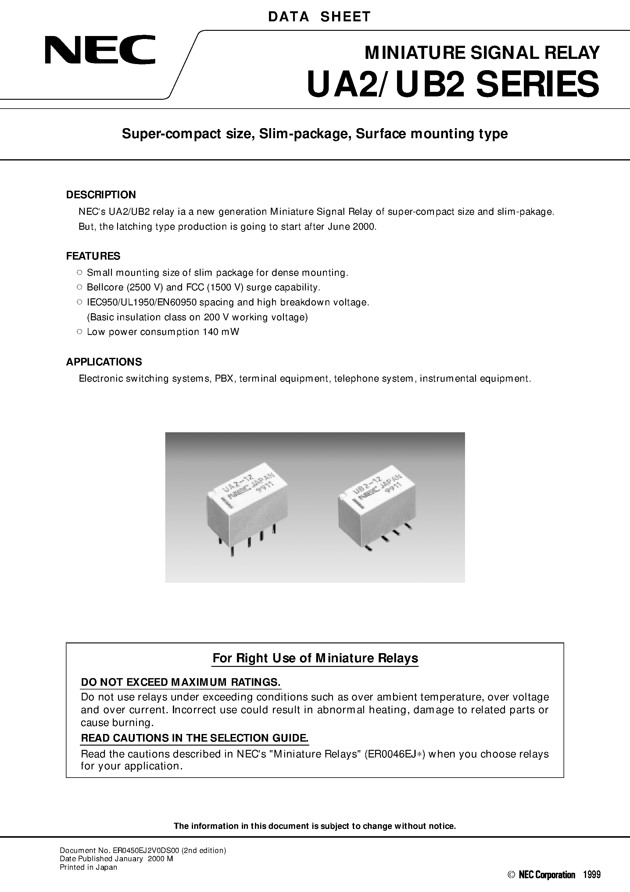 Datasheet UA2-3NUN-R - Super-compact size/ Slim-package/ Surface mounting type page 1