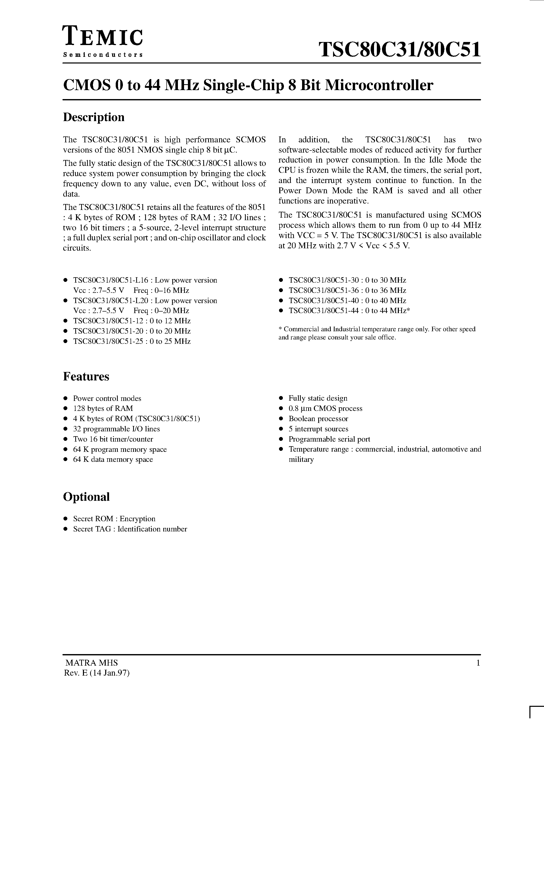 Datasheet TSC80C51-40AFB/883 - CMOS 0 to 44 MHz Single-Chip 8 Bit Microcontroller page 1