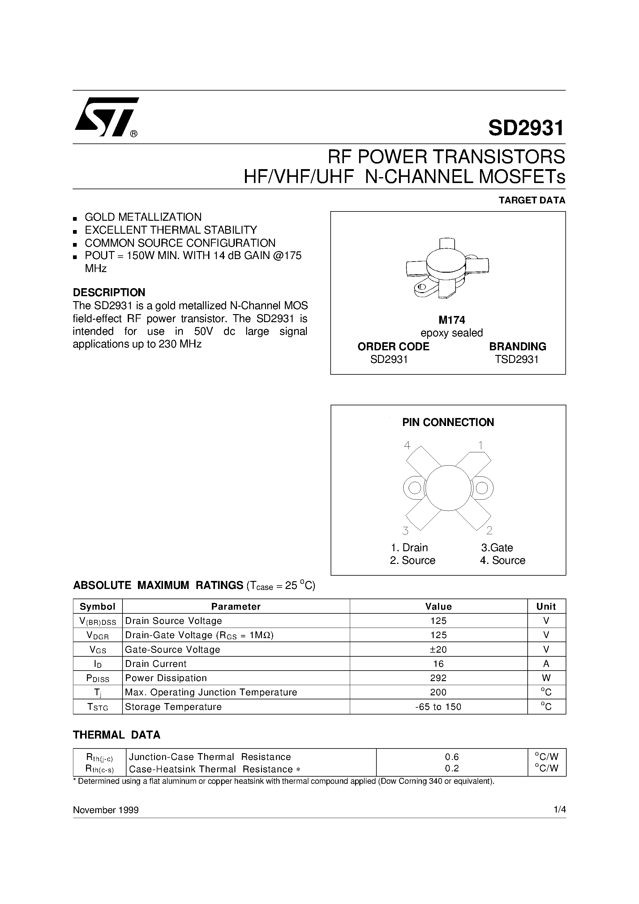 Даташит TSD2931 - RF POWER TRANSISTORS HF/VHF/UHF N-CHANNEL MOSFETs страница 1