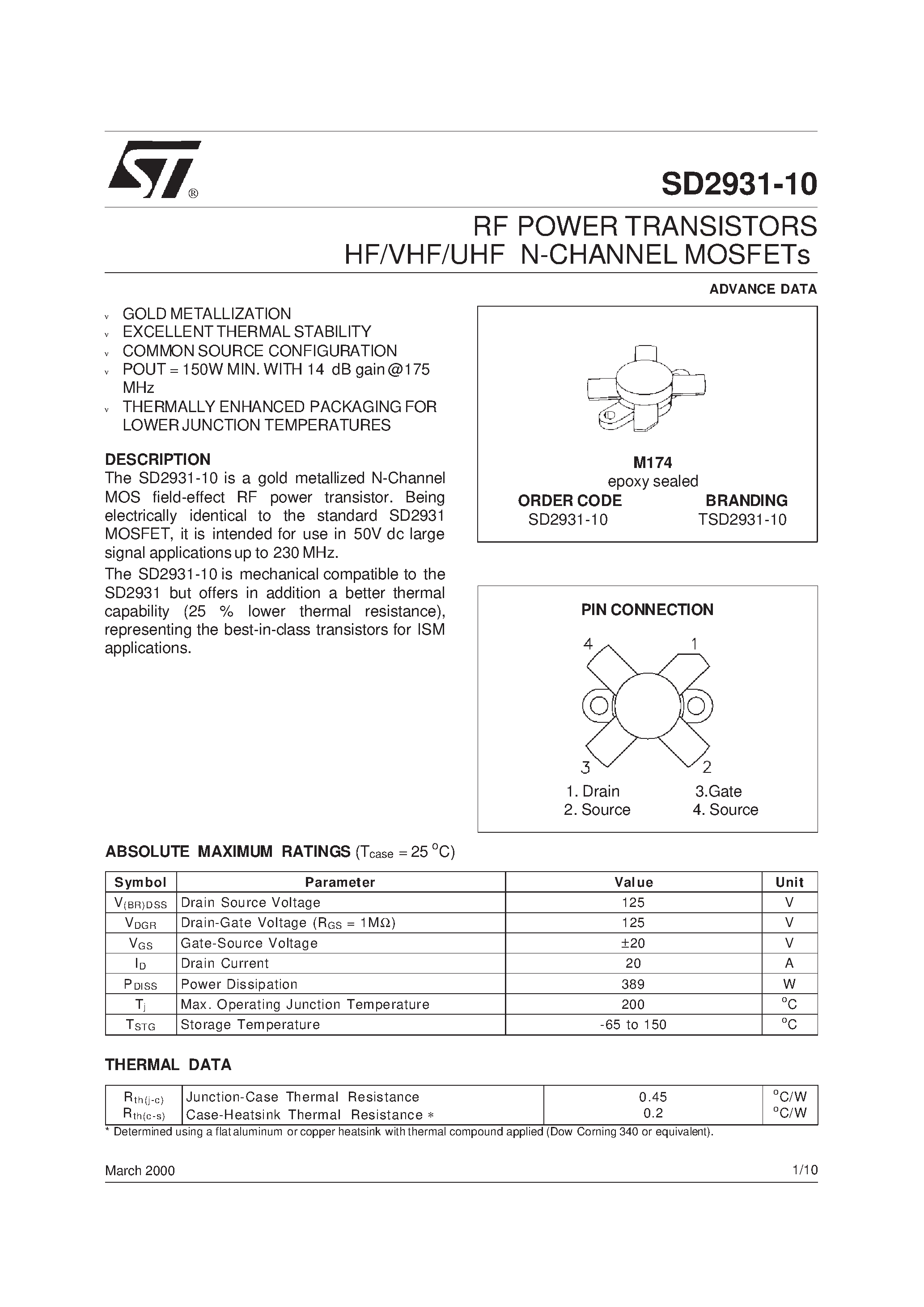 Даташит TSD2931-10 - RF POWER TRANSISTORS HF/VHF/UHF N-CHANNEL MOSFETs страница 1