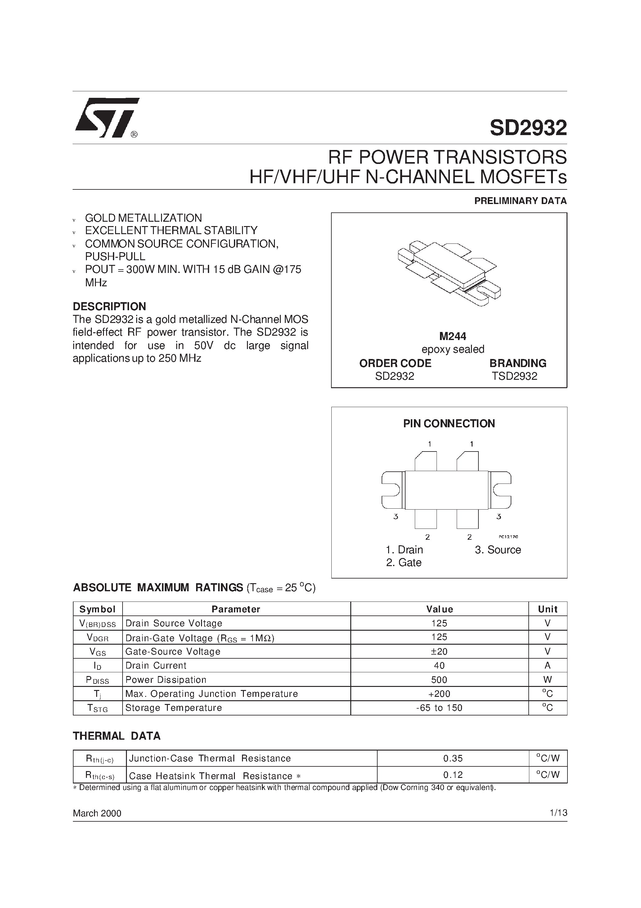 Даташит TSD2932 - RF POWER TRANSISTORS HF/VHF/UHF N-CHANNEL MOSFETs страница 1