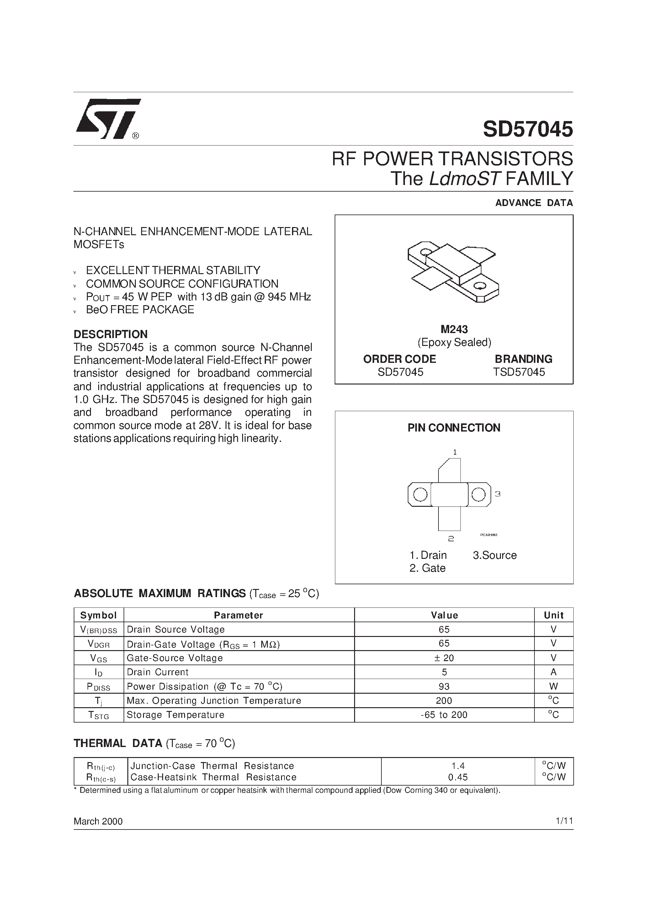 Даташит TSD57045 - RF POWER TRANSISTORS The LdmoSTFAMILY страница 1