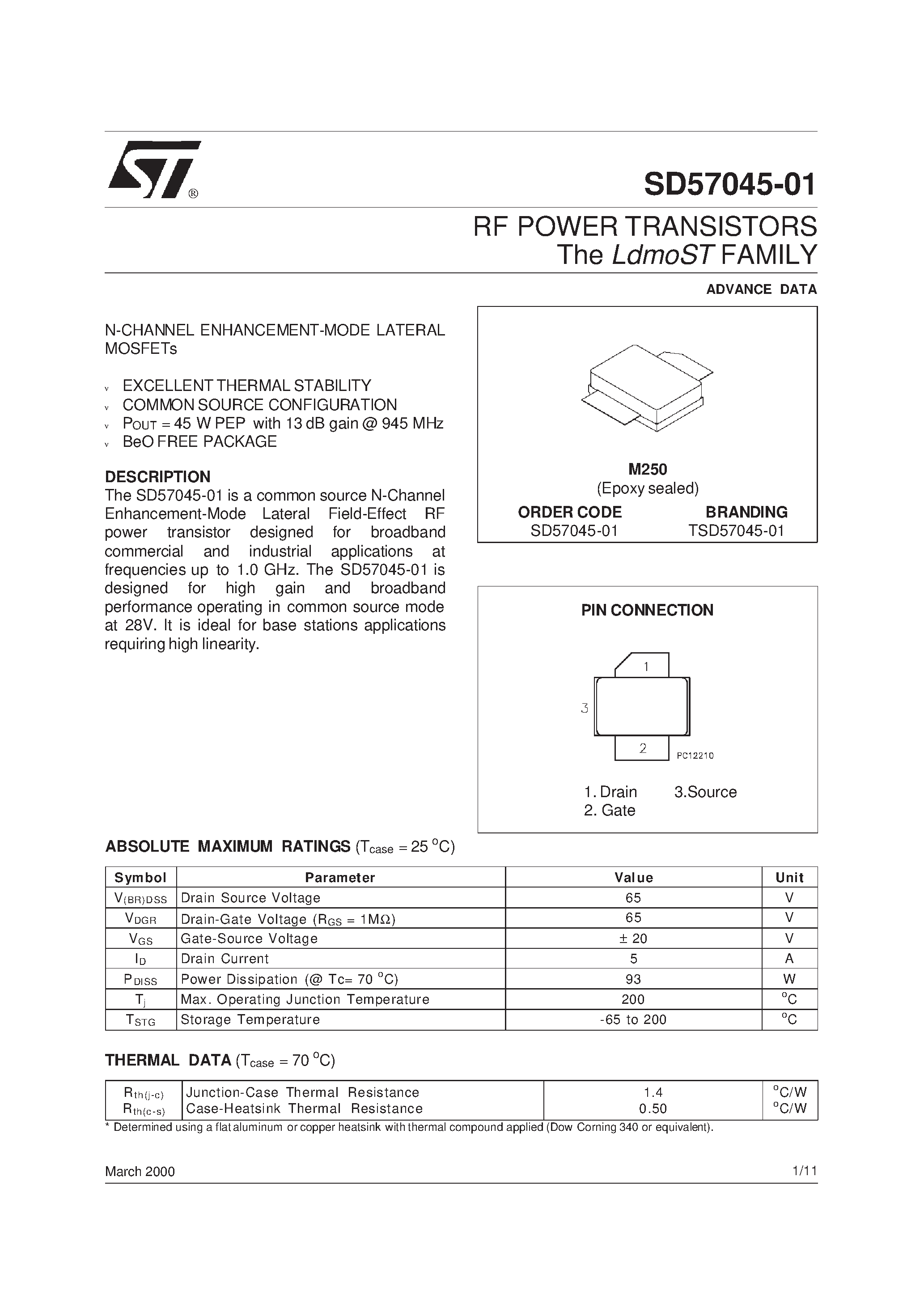 Даташит TSD57045-01 - RF POWER TRANSISTORS The LdmoSTFAMILY страница 1