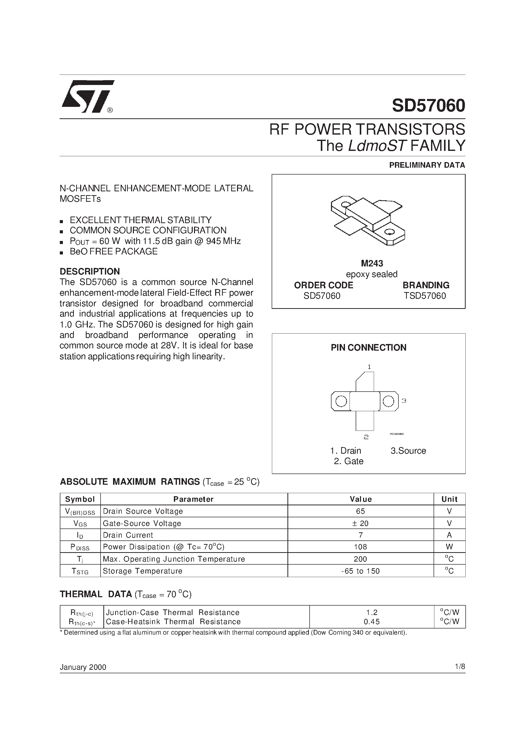 Даташит TSD57060 - RF POWER TRANSISTORS The LdmoSTFAMILY страница 1