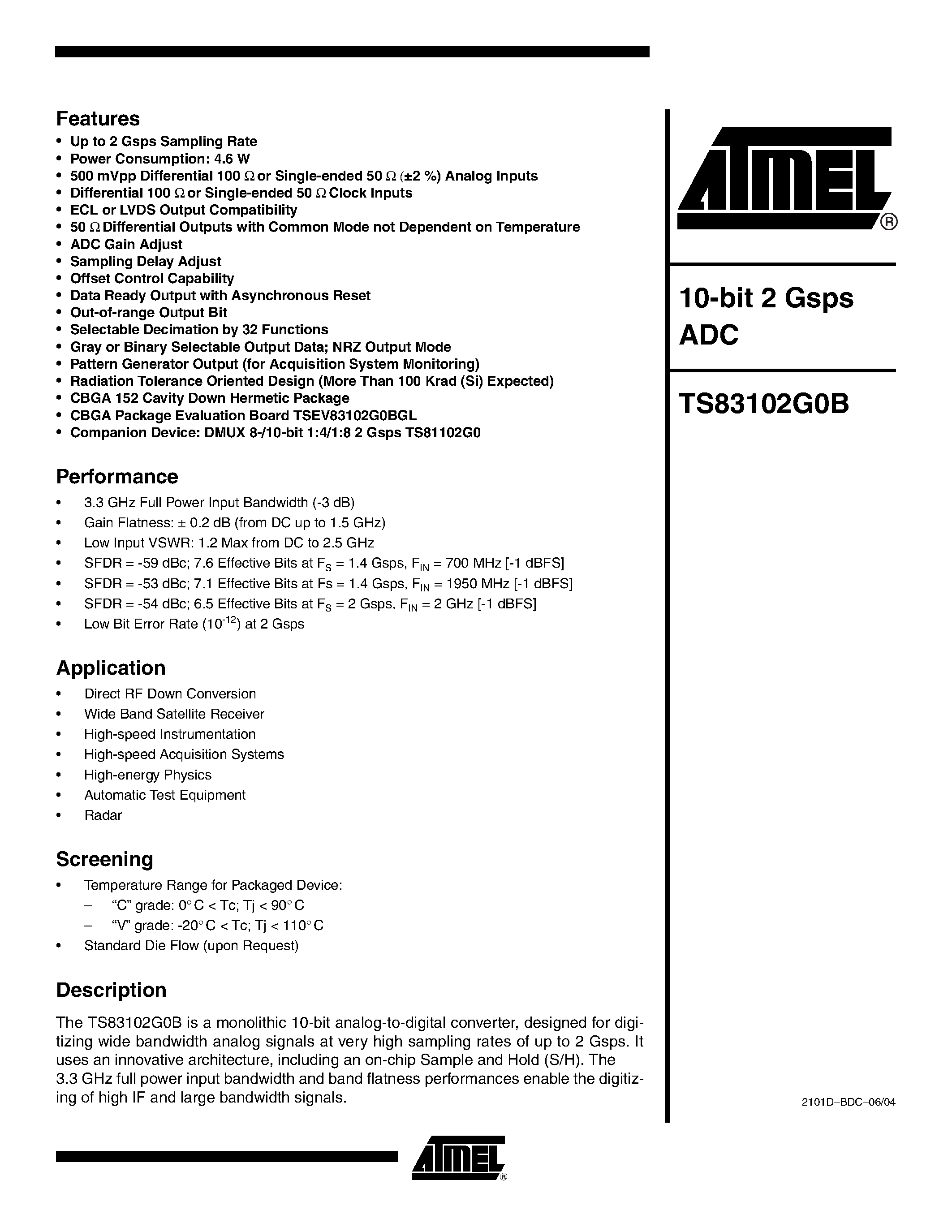 Даташит TSEV83102G0BGL - 10-bit 2 Gsps ADC страница 1