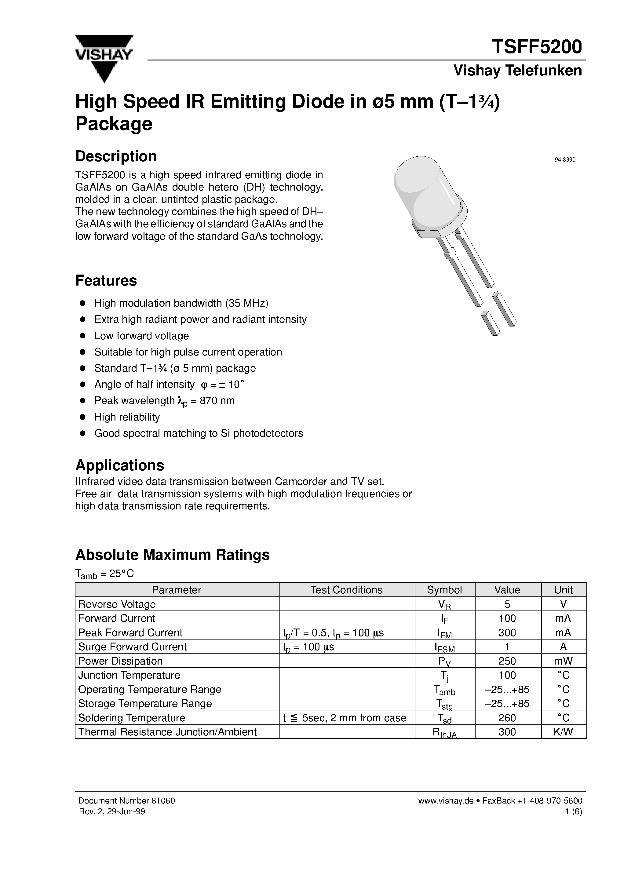 Datasheet TSFF5200 - High Speed IR Emitting Diode in 5 mm (T-13/4) Package page 1