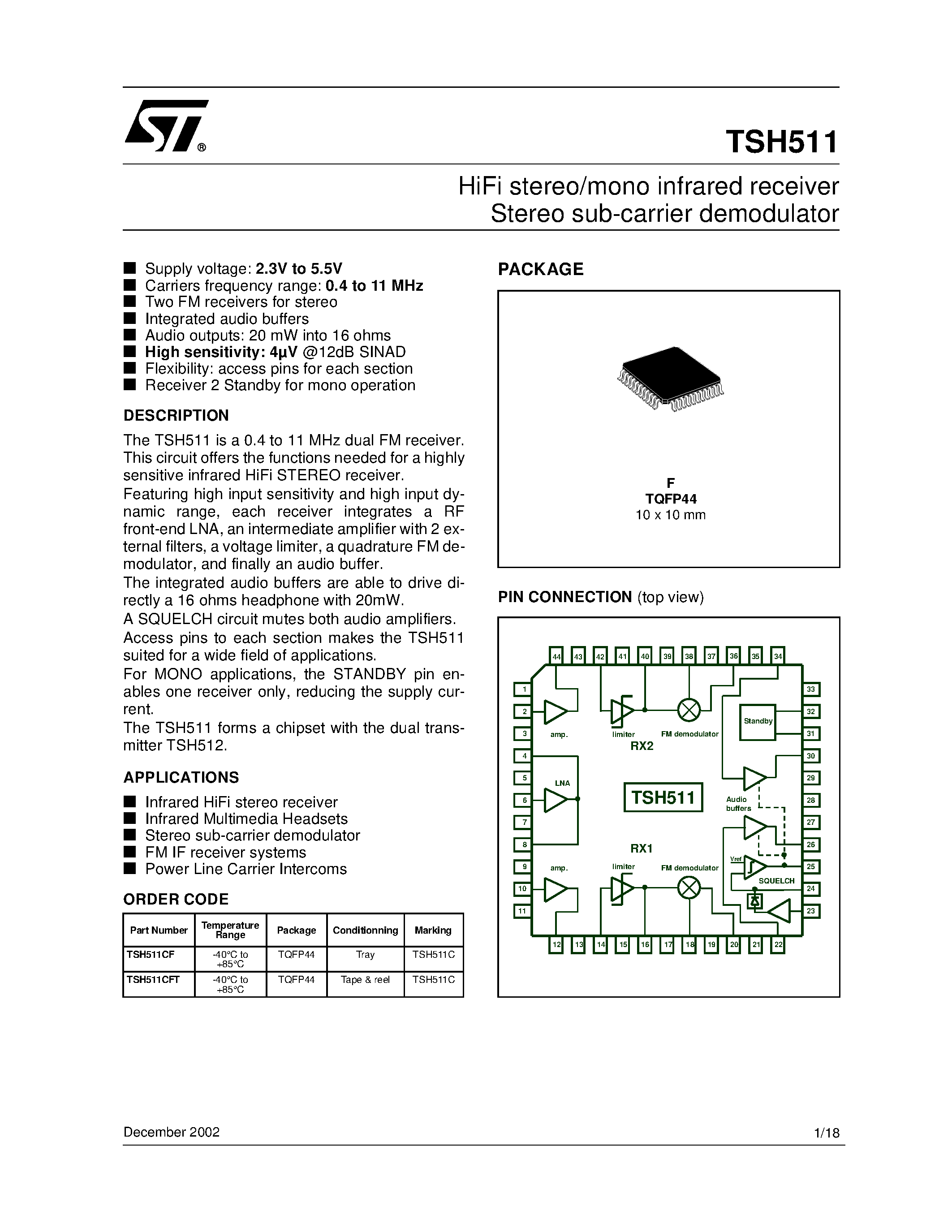 Даташит TSH511 - HiFi stereo/mono infrared receiver Stereo sub-carrier demodulator страница 1