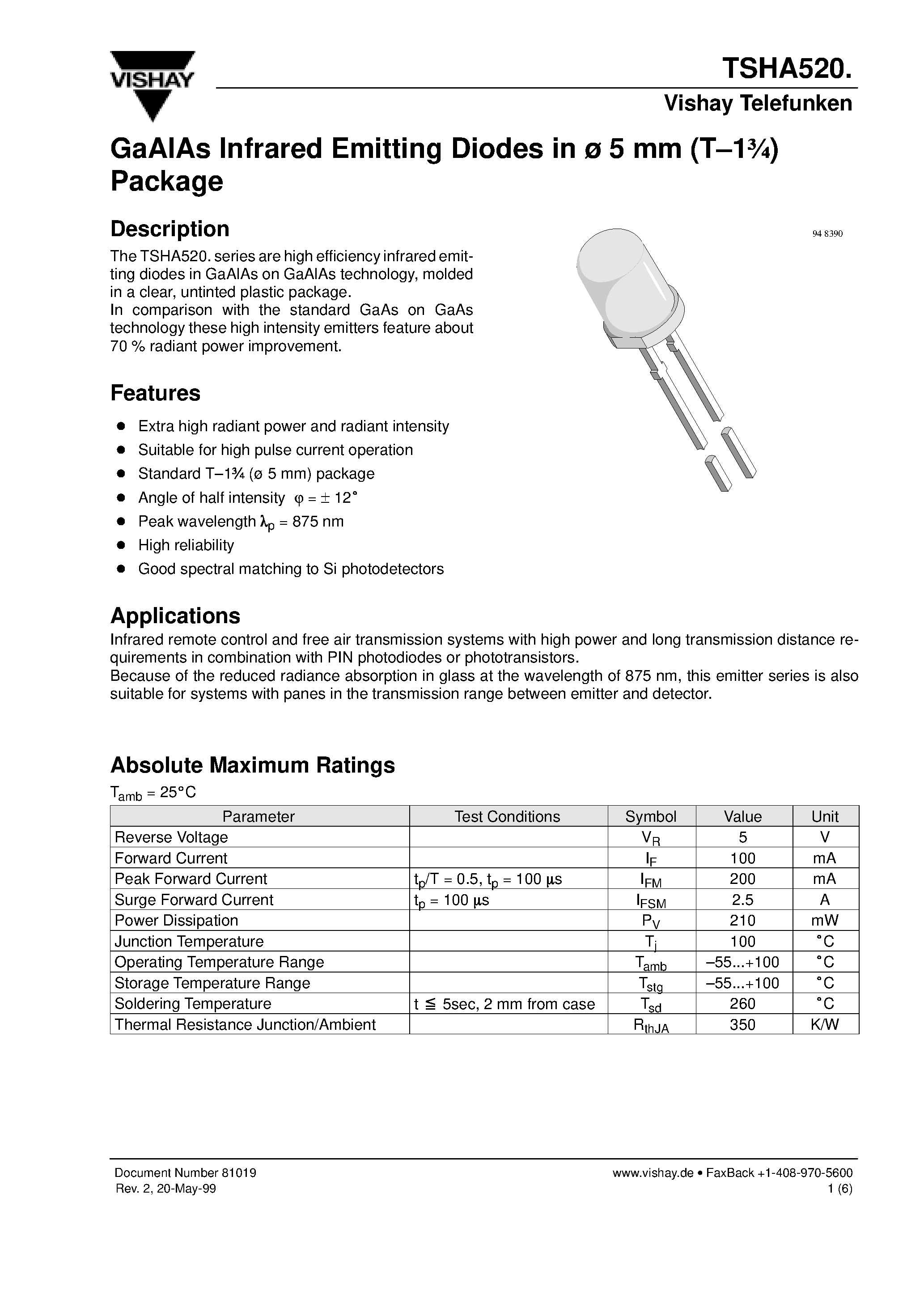 Datasheet TSHA5201 - GaAlAs Infrared Emitting Diodes in 5 mm (T-13/4) Package page 1