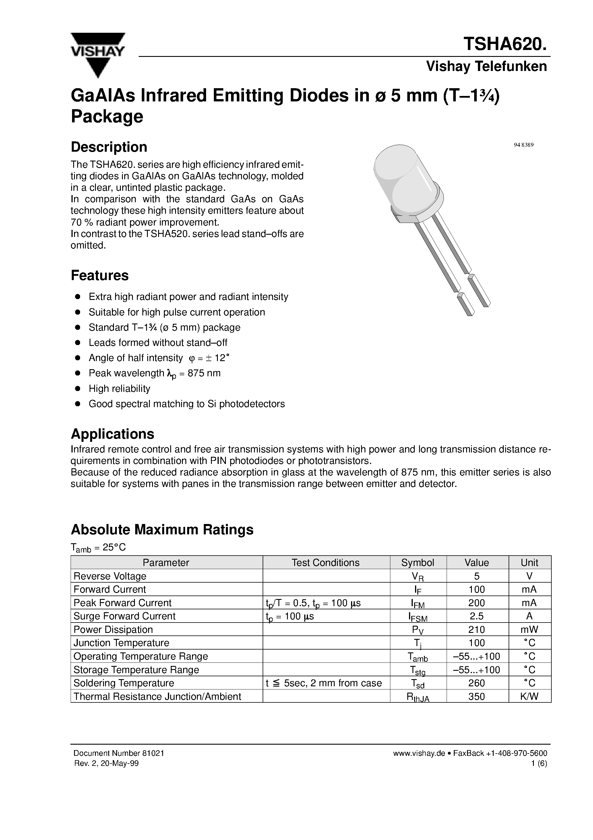 Datasheet TSHA620 - GaAlAs Infrared Emitting Diodes in 5 mm (T-13/4) Package page 1