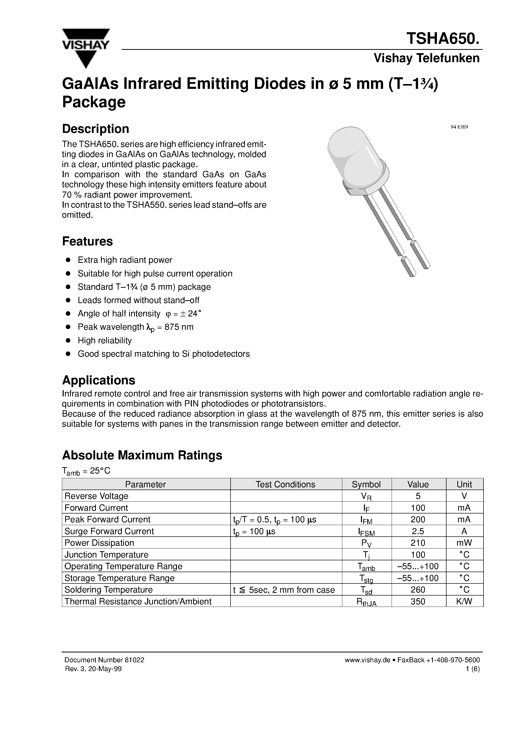 Datasheet TSHA650 - GaAlAs Infrared Emitting Diodes in 5 mm (T-13/4) Package page 1