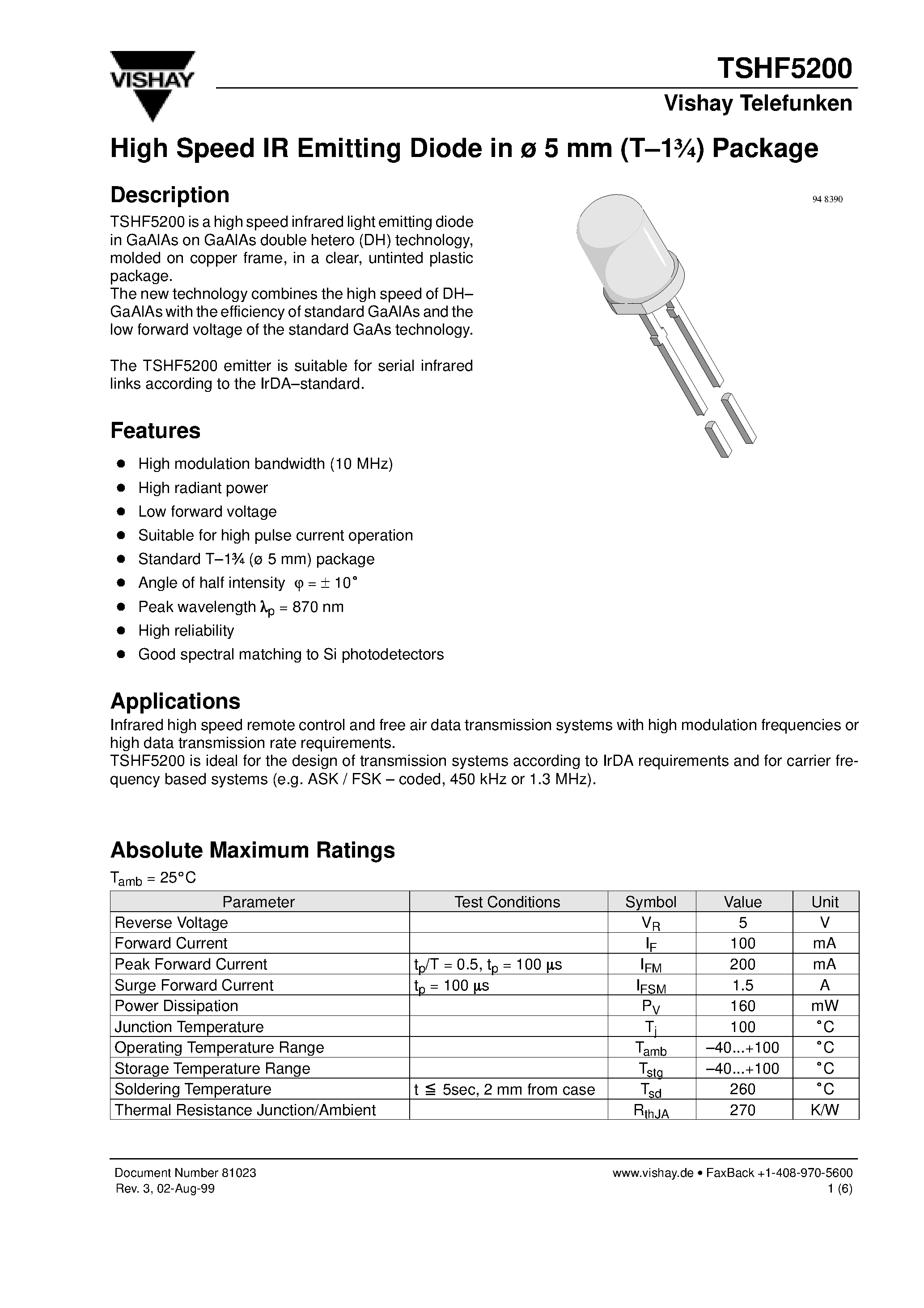 Datasheet TSHF5200 - High Speed IR Emitting Diode in 5 mm (T-13/4) Package page 1