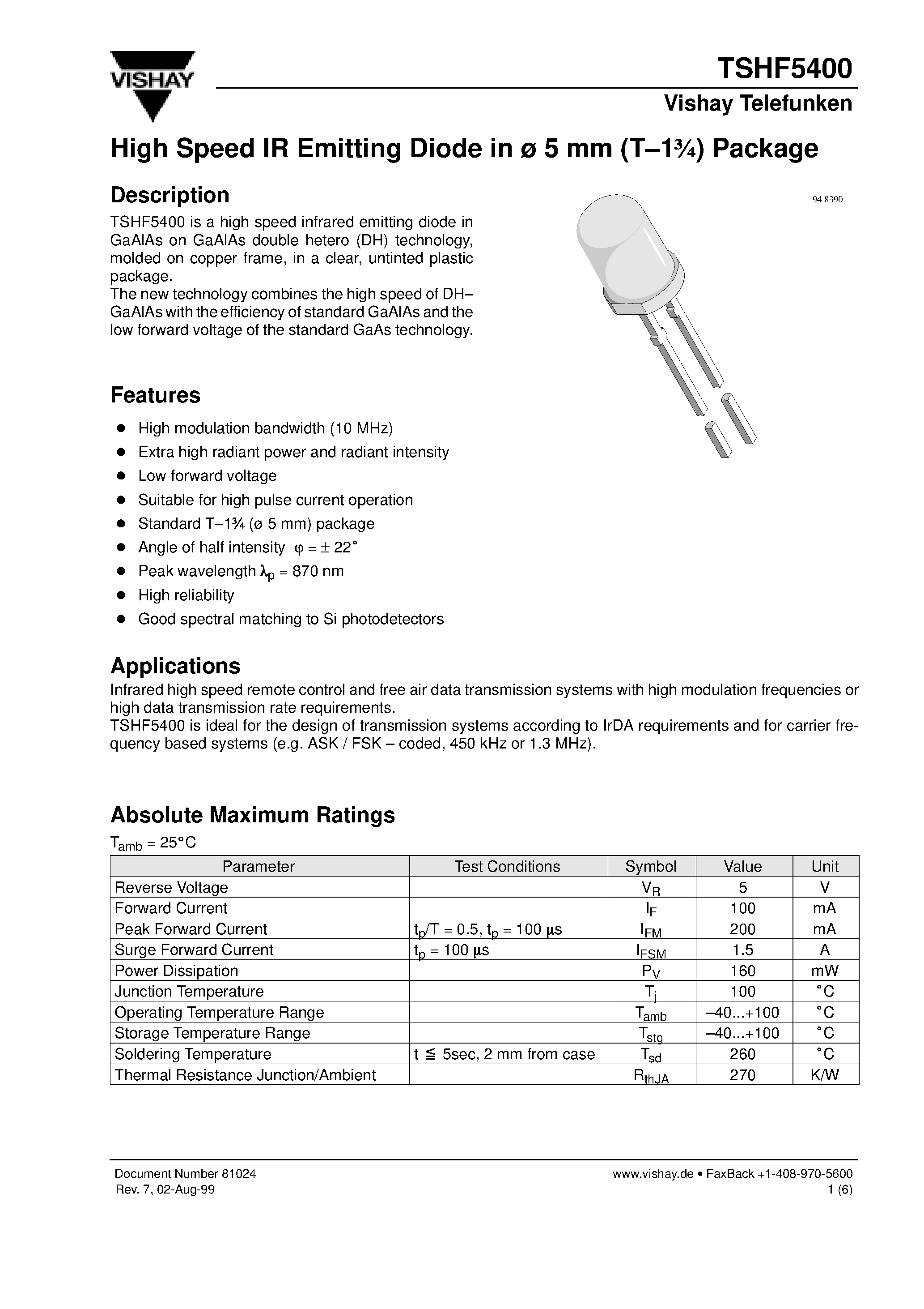 Datasheet TSHF5400 - High Speed IR Emitting Diode in 5 mm (T-13/4) Package page 1