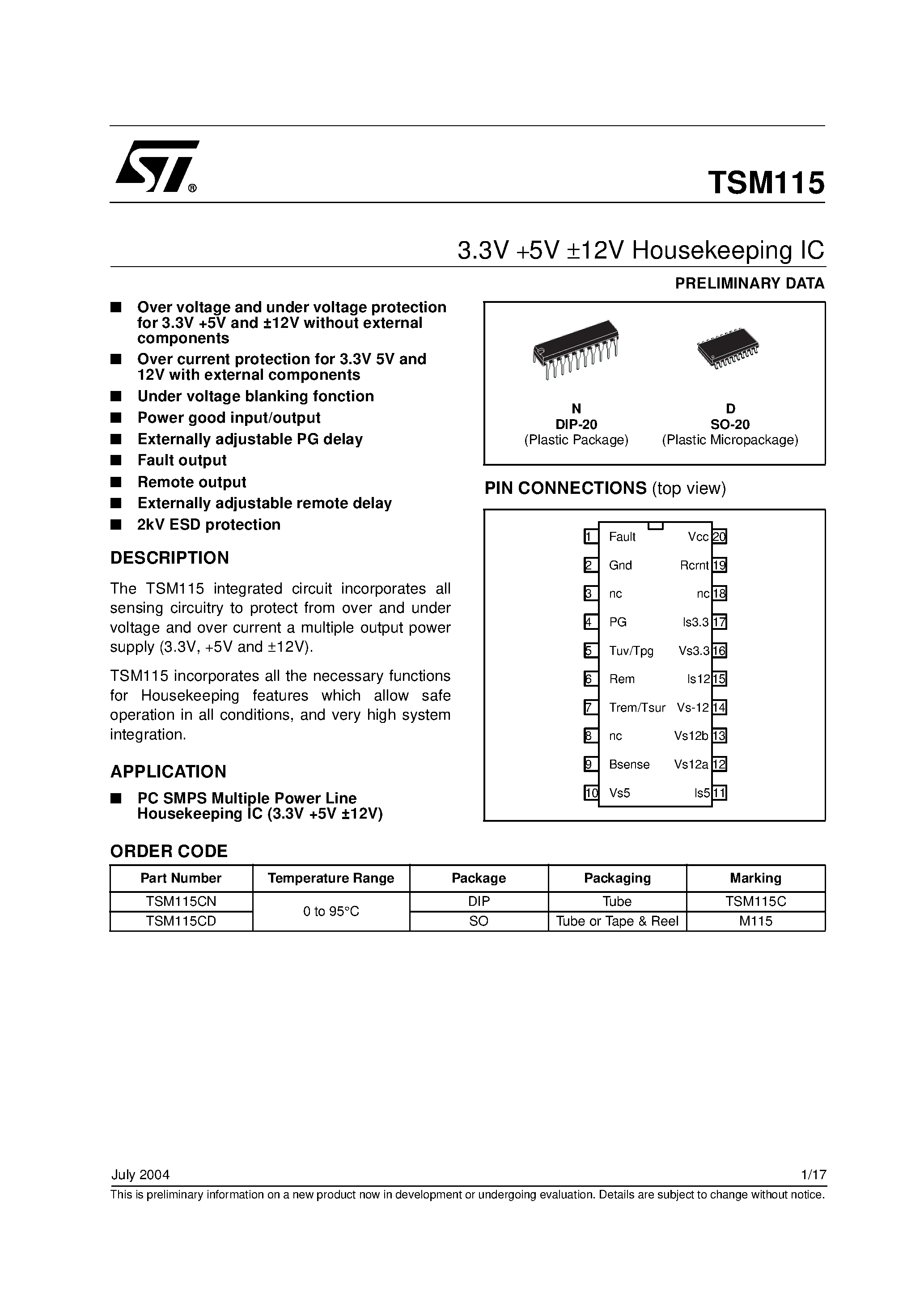 Даташит TSM115 - 3.3V +5V 12V Housekeeping IC страница 1