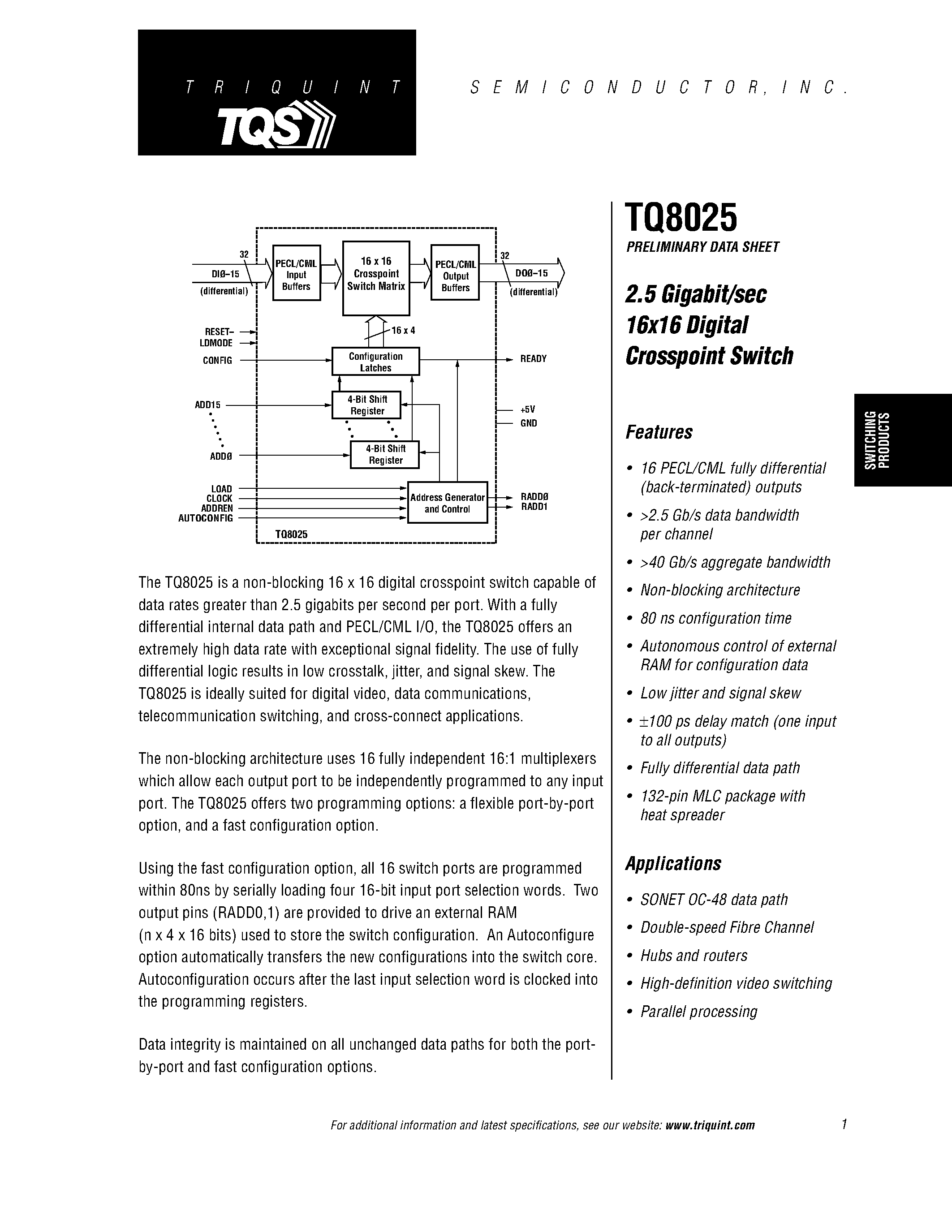 Даташит TQ8025 - 2.5 Gigabit/sec 16x16 Digital Crosspoint Switch страница 1