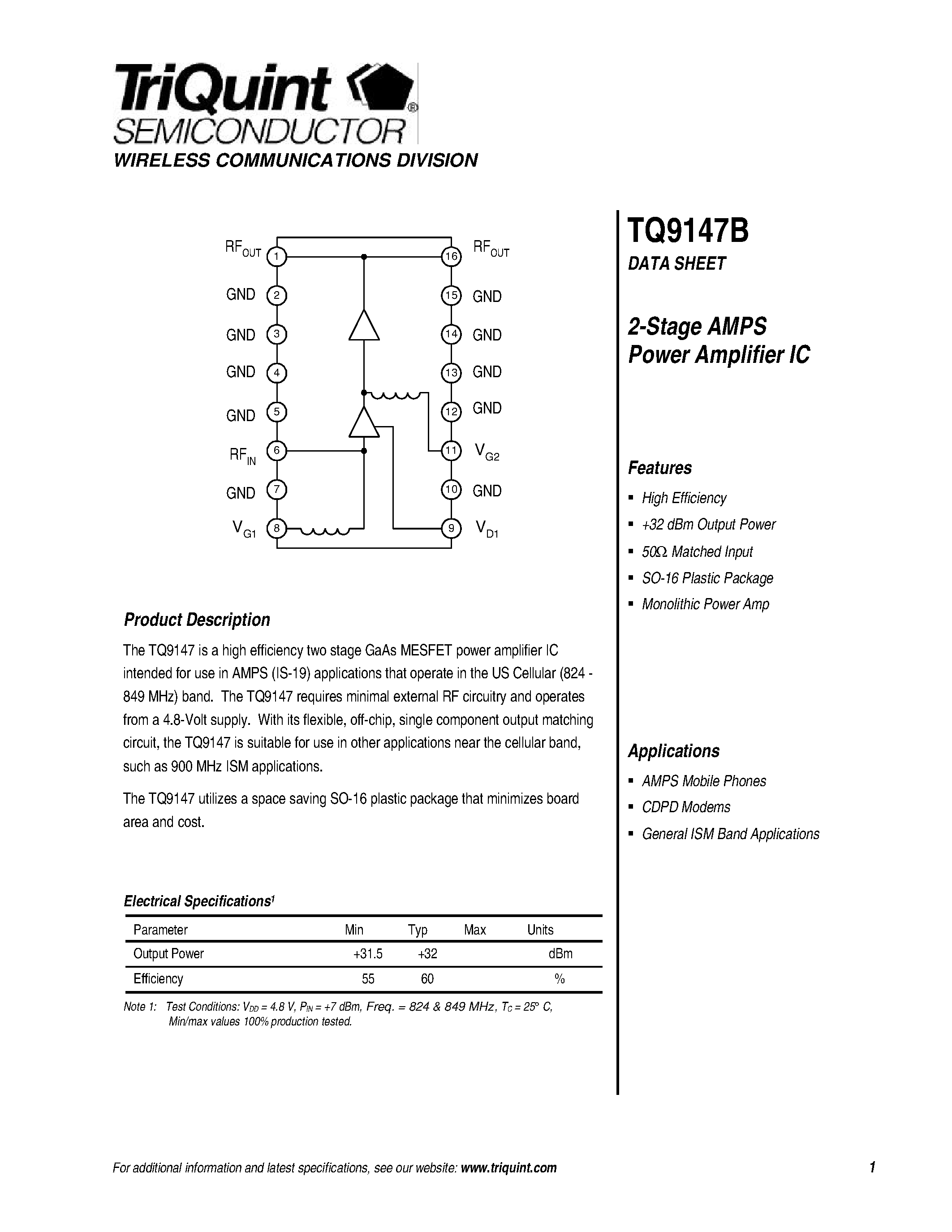 Даташит TQ9147B - 2-Stage AMPS Power Amplifier IC страница 1