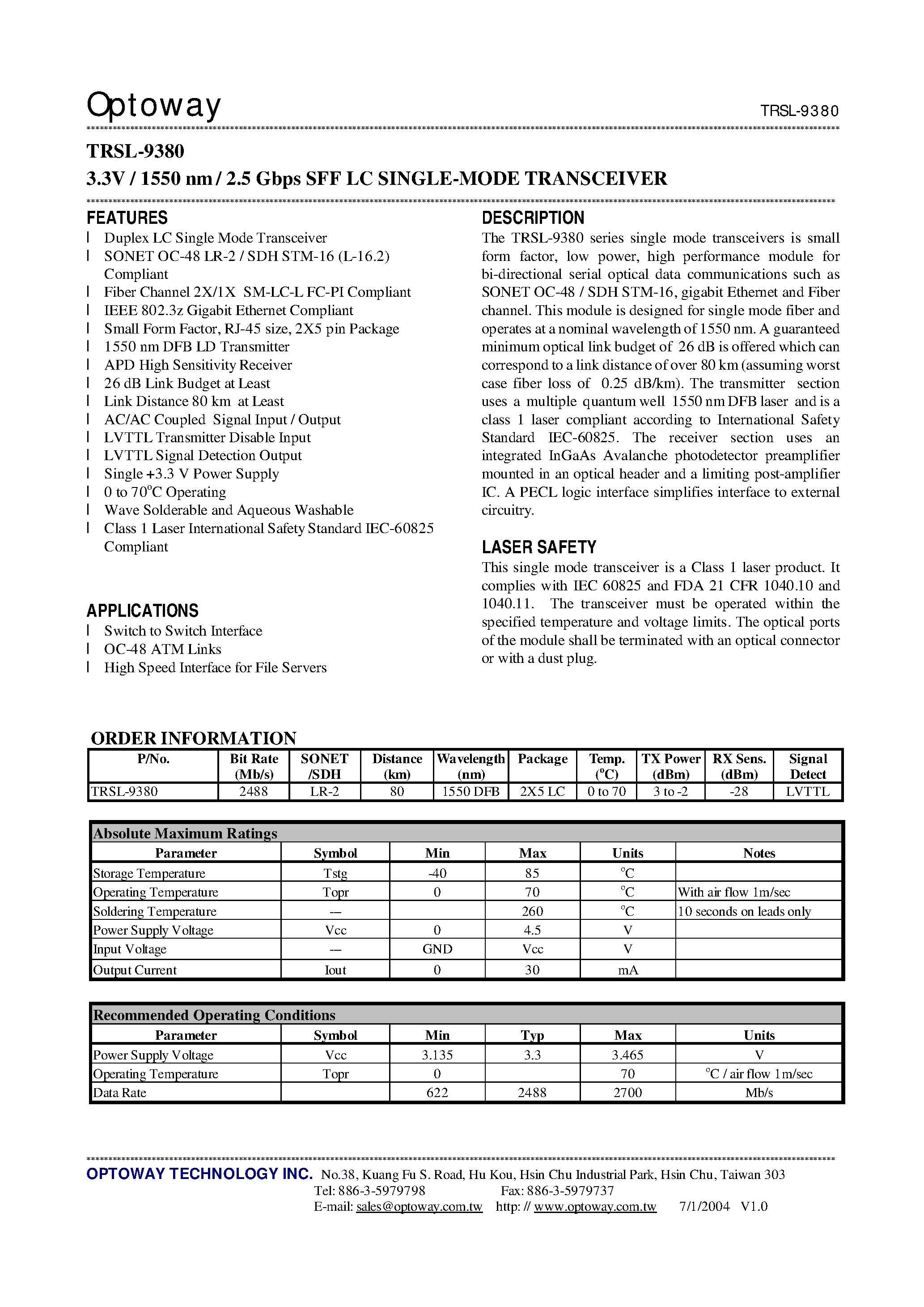 Даташит TRSL-9380 - 3.3V / 1550 nm / 2.5 Gbps SFF LC SINGLE-MODE TRANSCEIVER страница 1