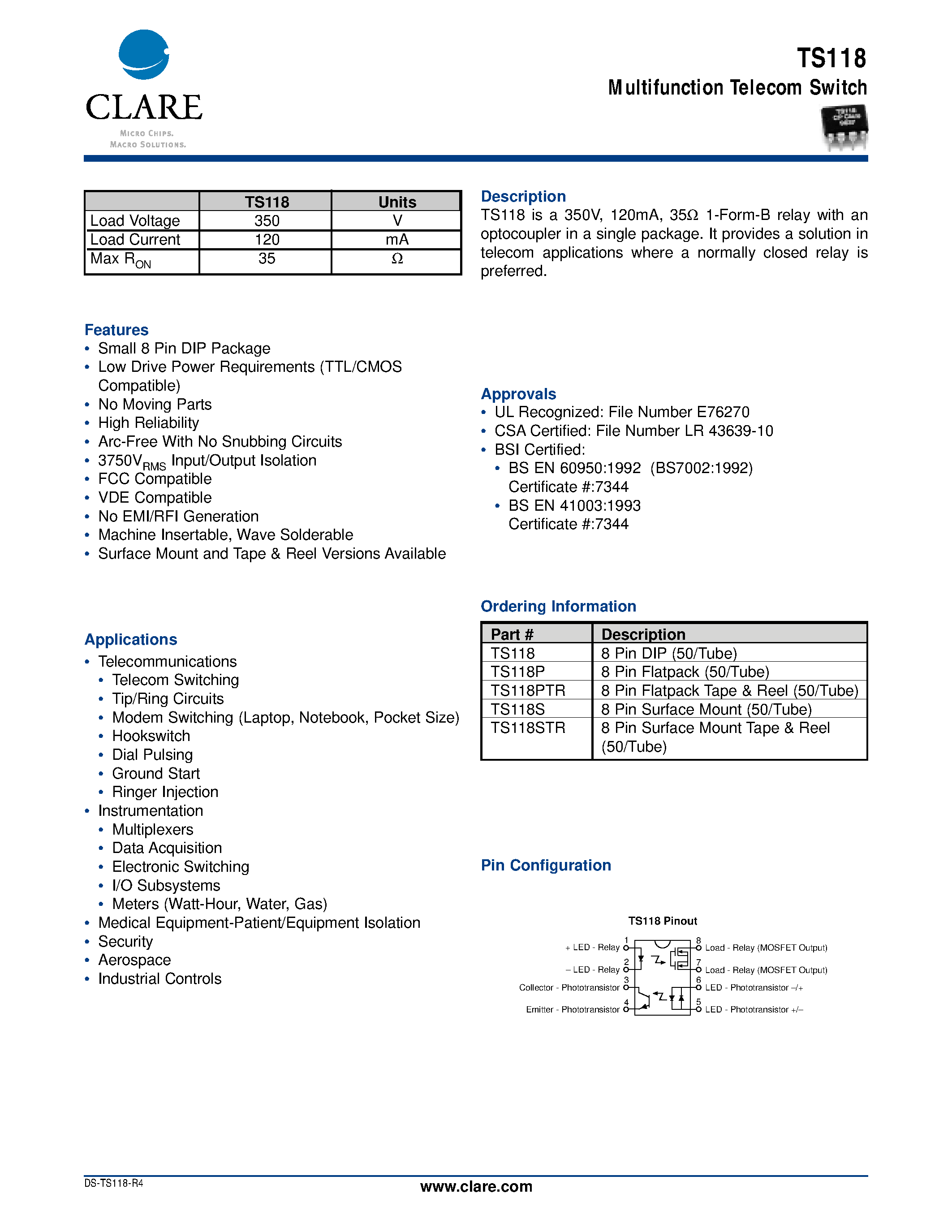 Datasheet TS118 - Multifunction Telecom Switch page 1