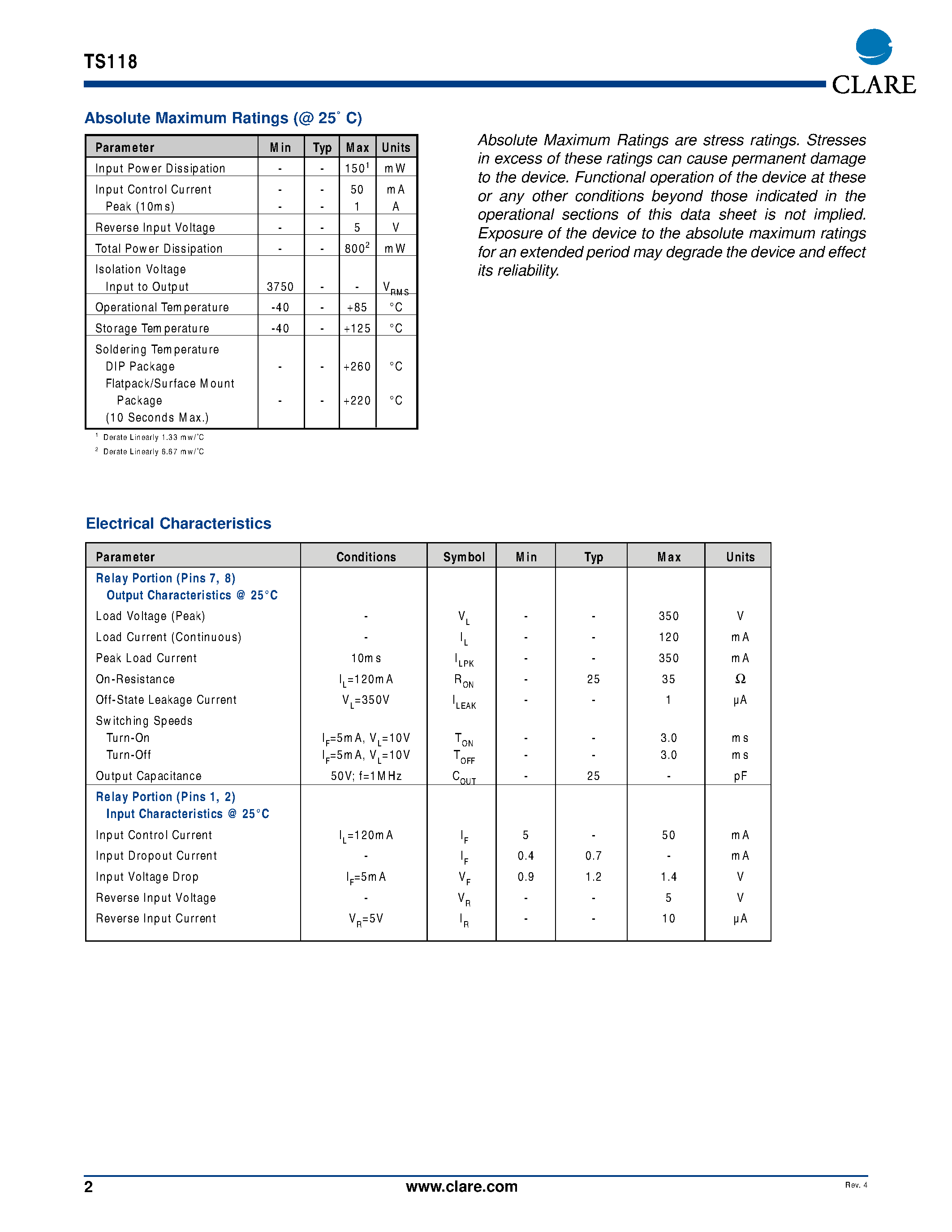 Datasheet TS118 - Multifunction Telecom Switch page 2