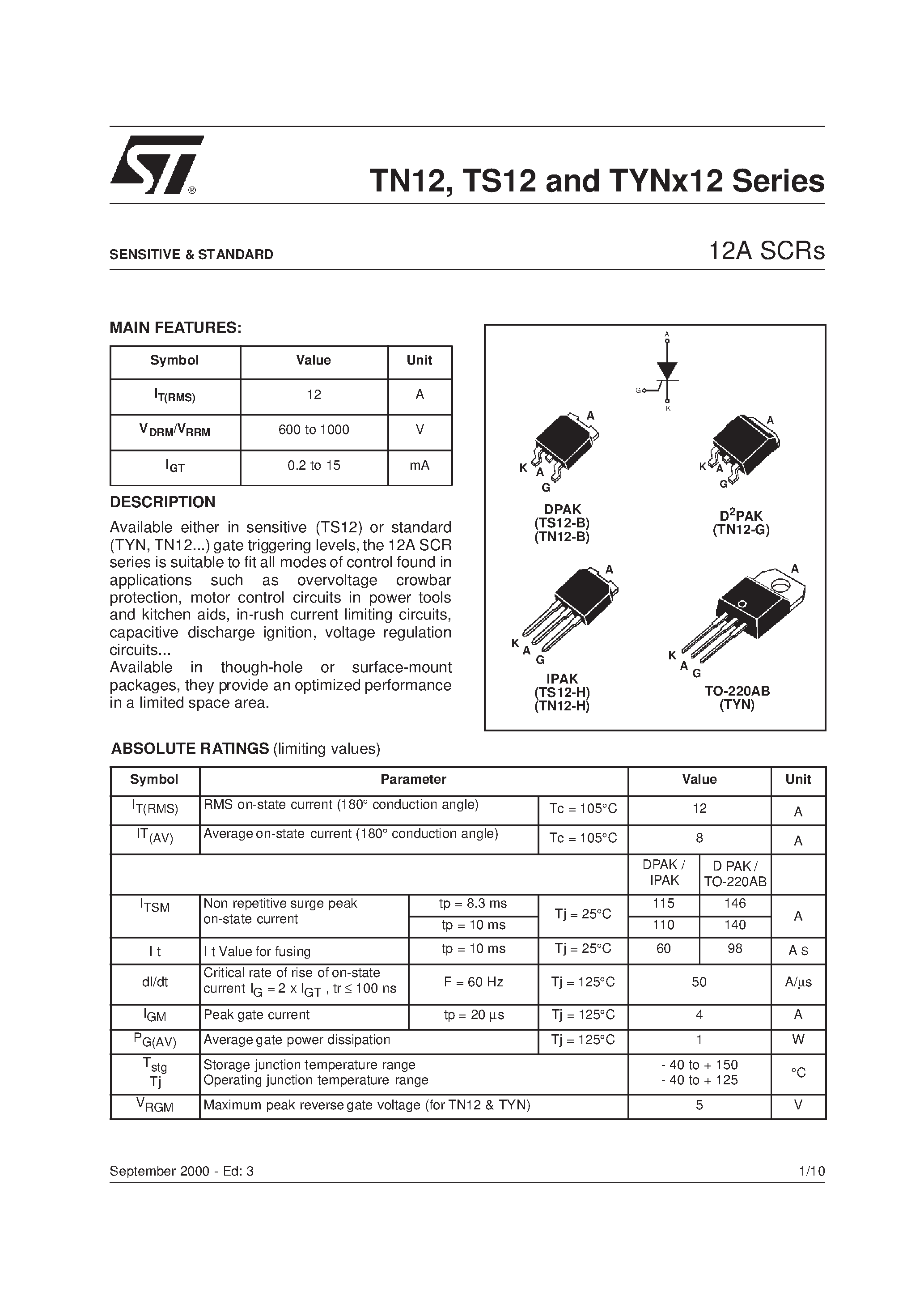 Datasheet TS12 - SENSITIVE & STANDARD(12A SCRs) page 1