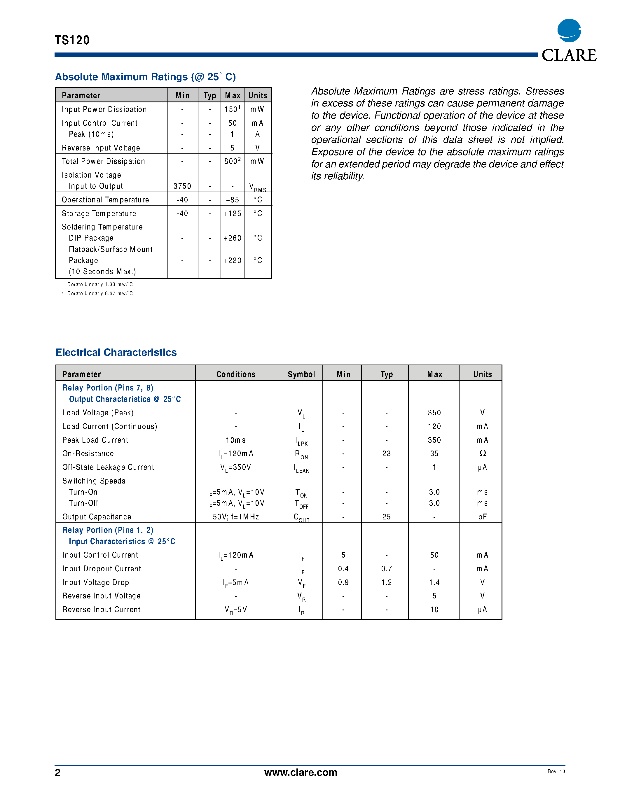 Datasheet TS120 - Multifunction Telecom Switches page 2