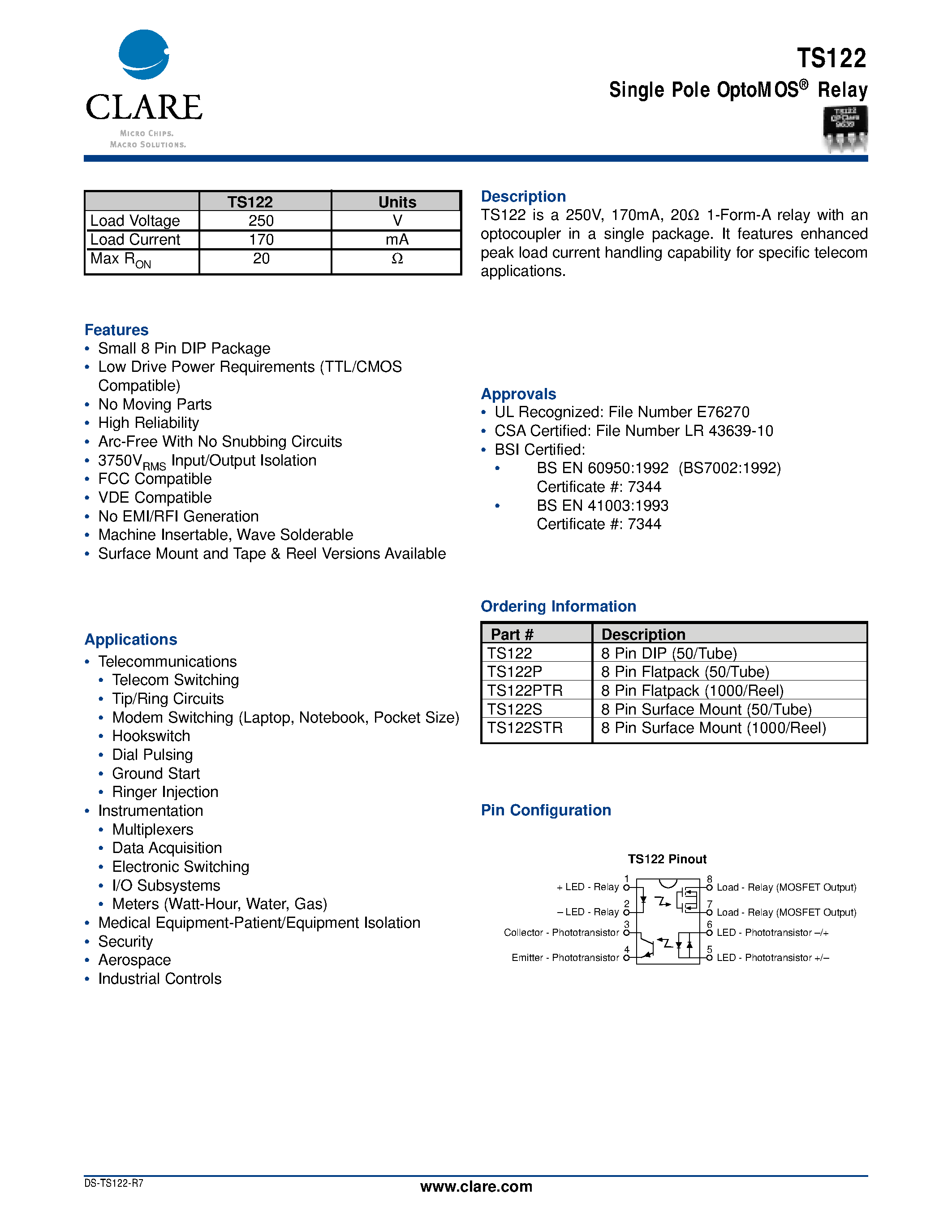 Datasheet TS122 - Single Pole OptoMOS Relay page 1