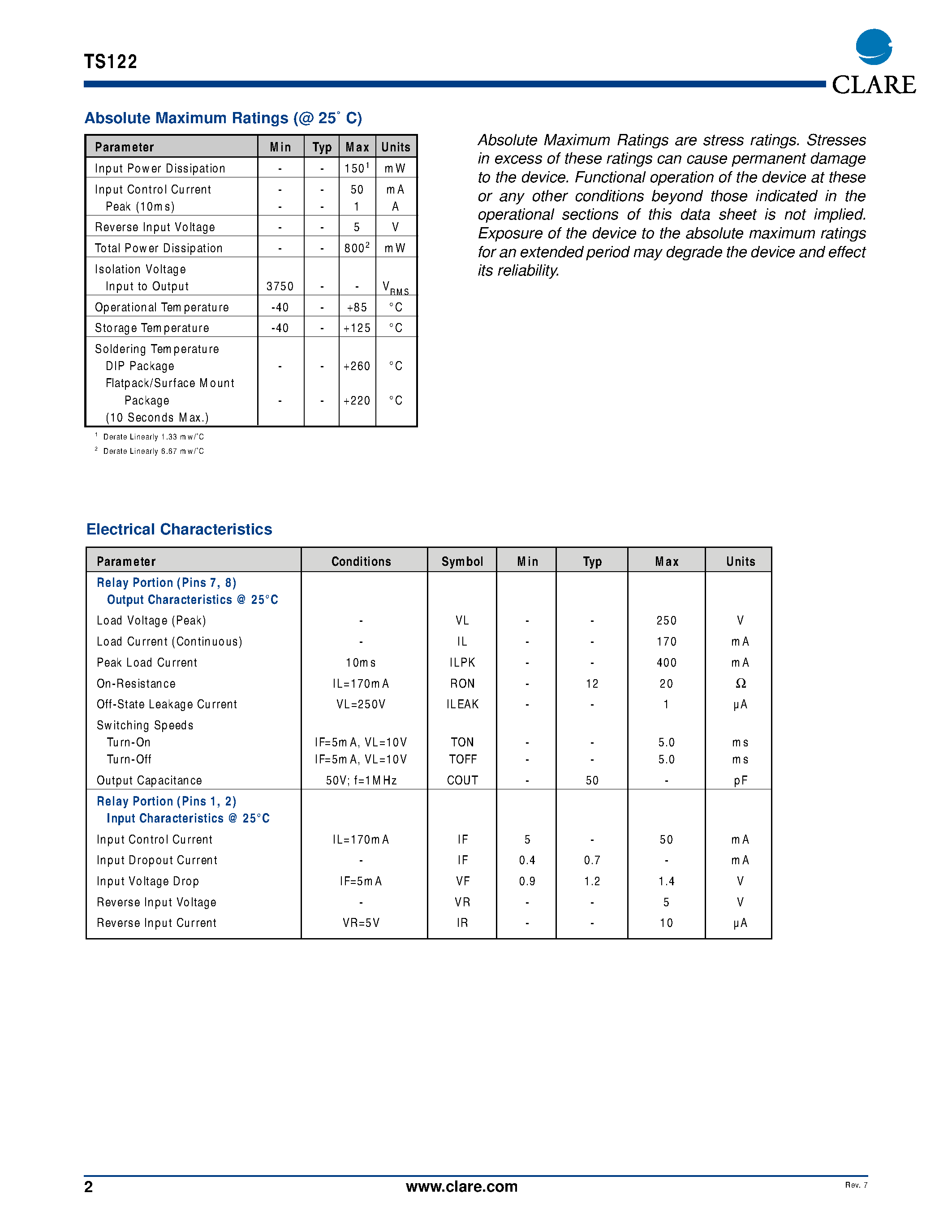 Datasheet TS122 - Single Pole OptoMOS Relay page 2