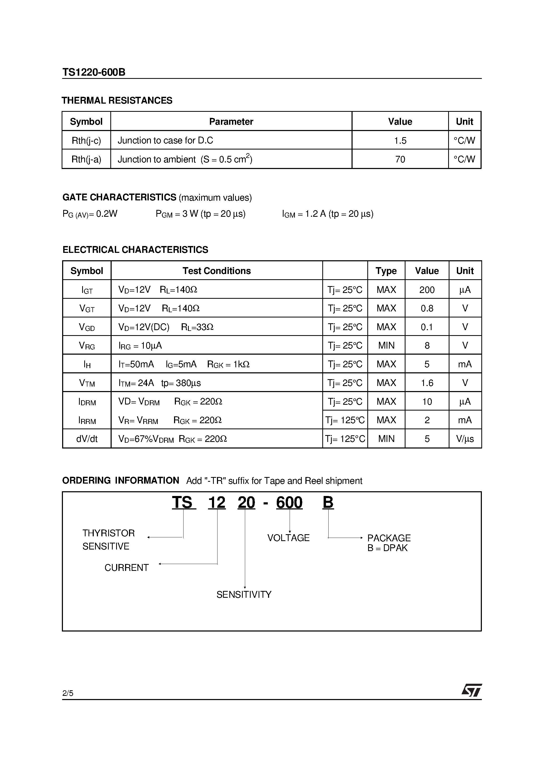 Datasheet TS1220 - SENSITIVE SCR page 2