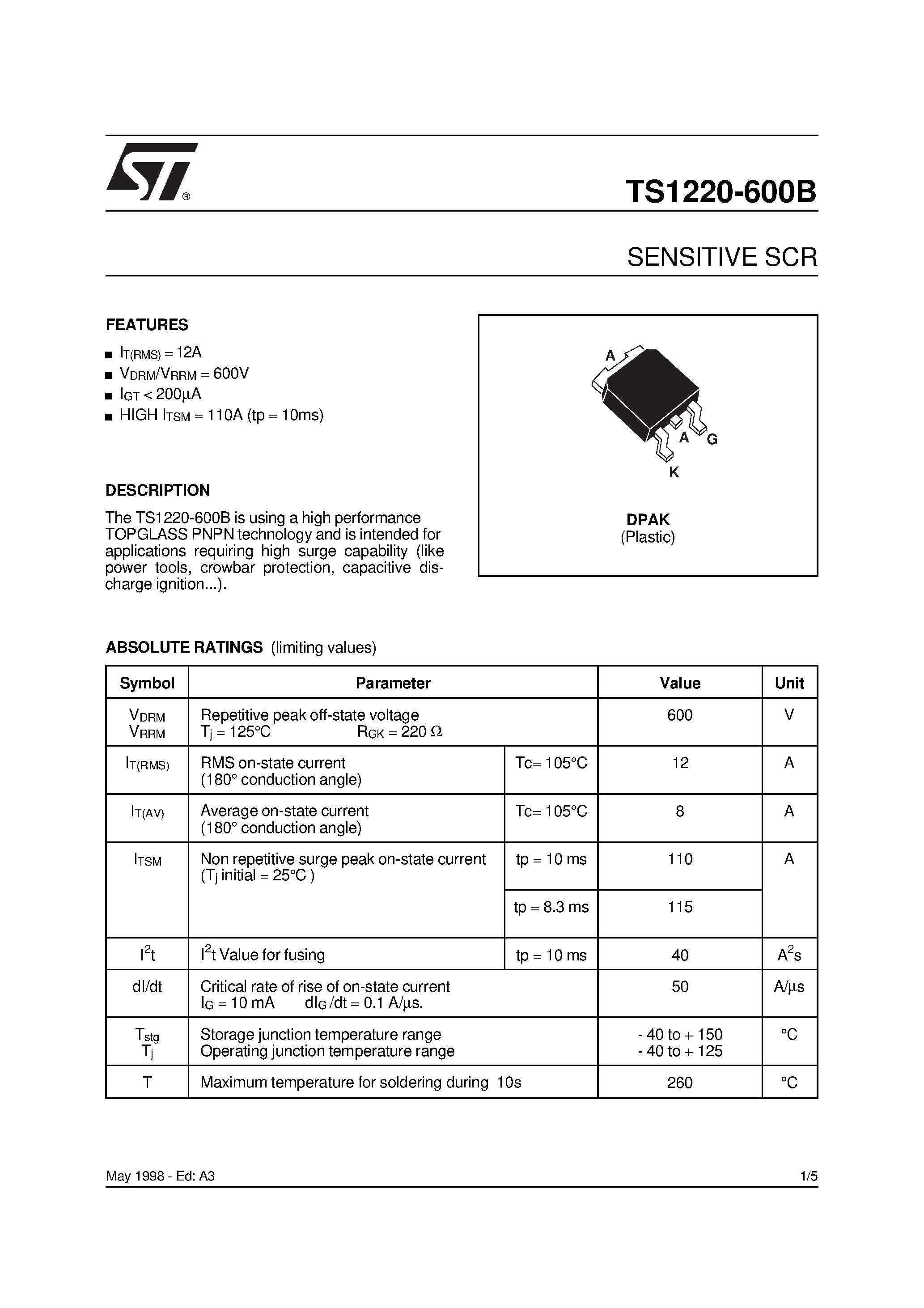 Datasheet TS1220-600B - SENSITIVE & STANDARD(12A SCRs) page 1