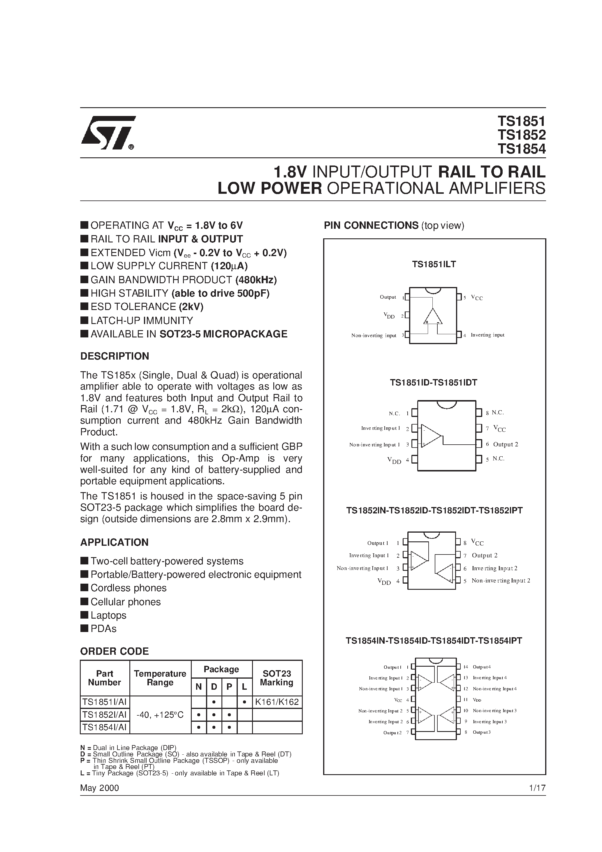 Datasheet TS1852 - 1.8V INPUT/OUTPUT RAIL TO RAIL LOW POWER OPERATIONAL AMPLIFIERS page 1