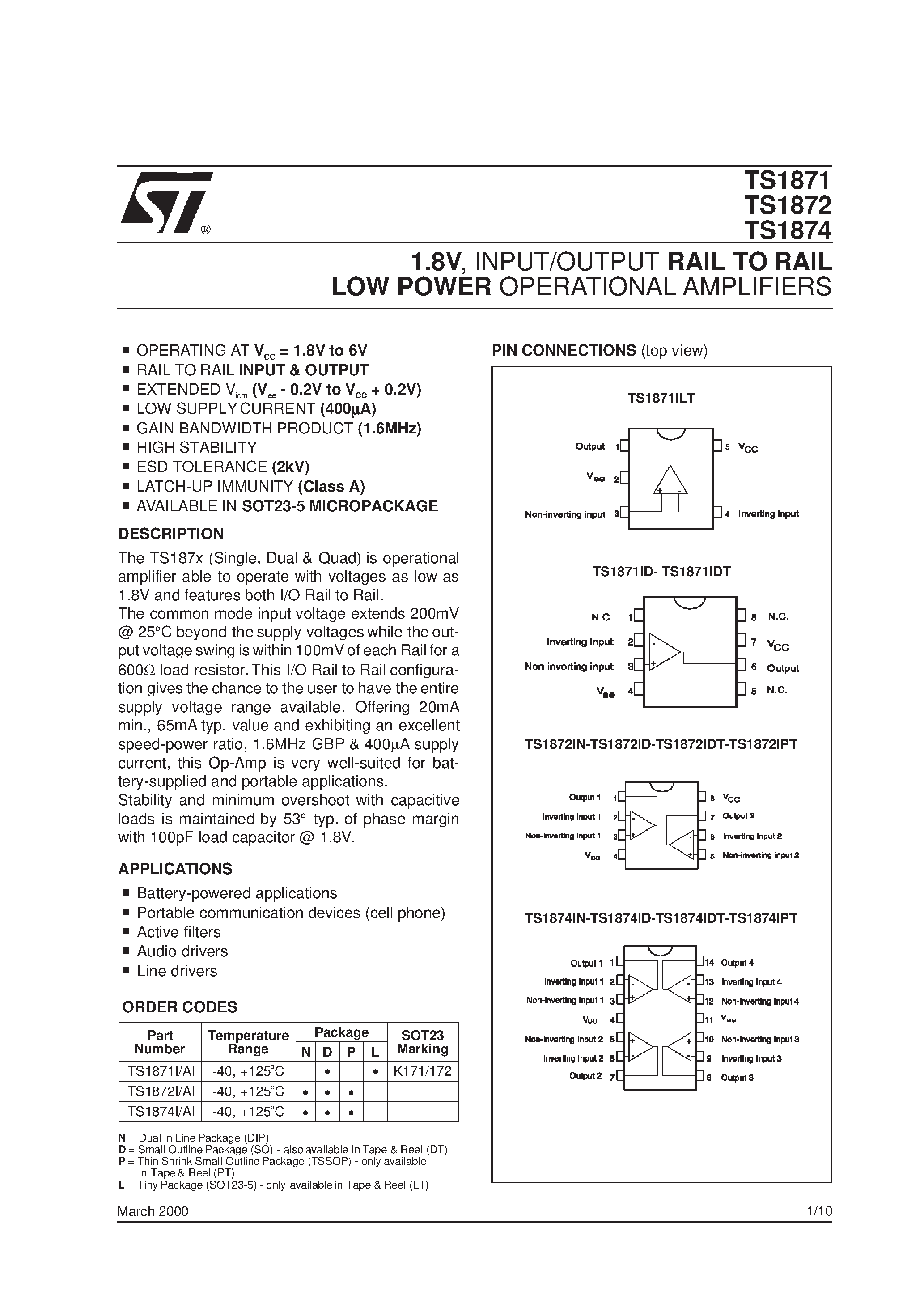 Datasheet TS1871 - 1.8V/ INPUT/OUTPUT RAIL TO RAIL LOW POWER OPERATIONAL AMPLIFIERS page 1