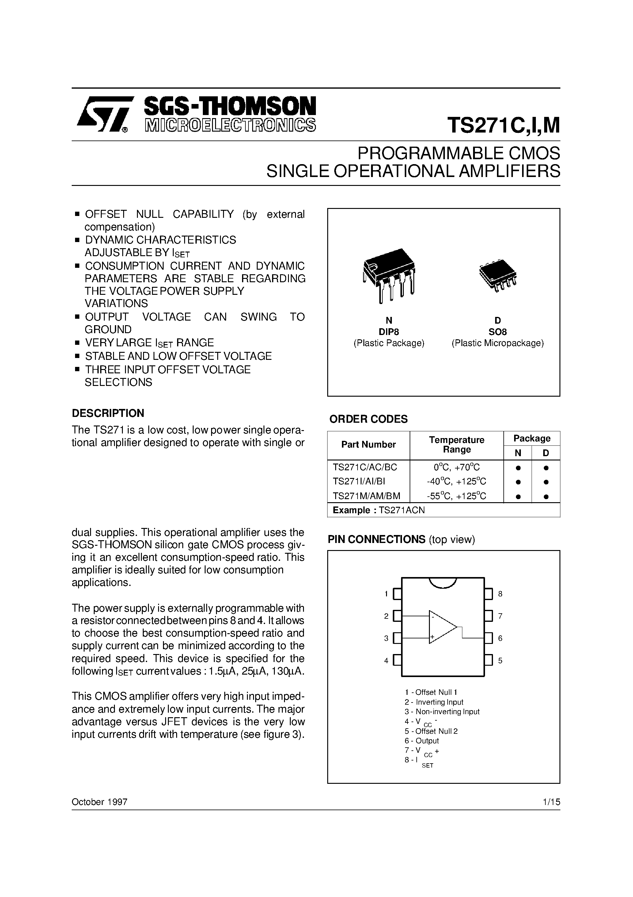 Даташит TS271BC - PROGRAMMABLE CMOS SINGLE OPERATIONAL AMPLIFIERS страница 1