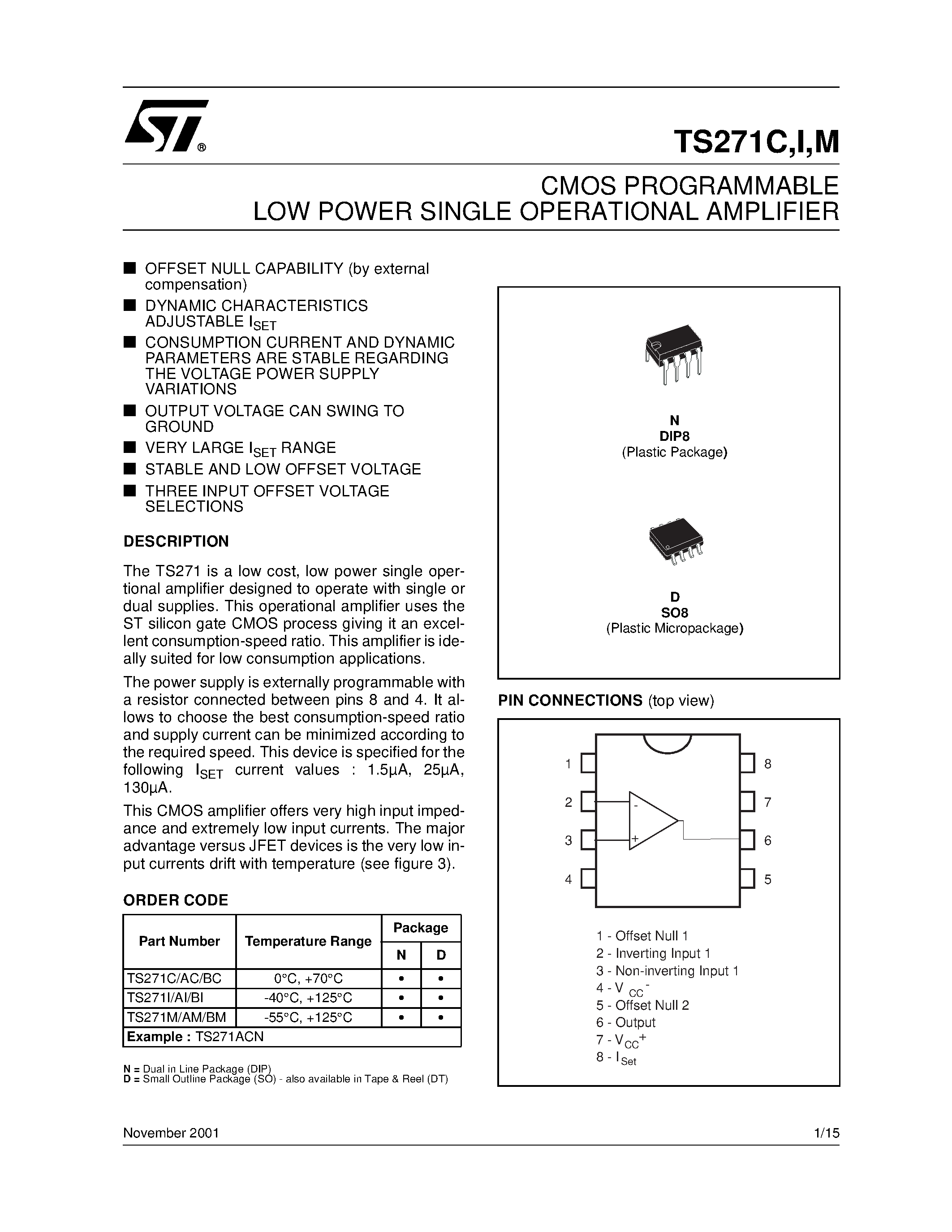 Даташит TS271CAC - CMOS PROGRAMMABLE LOW POWER SINGLE OPERATIONAL AMPLIFIER страница 1