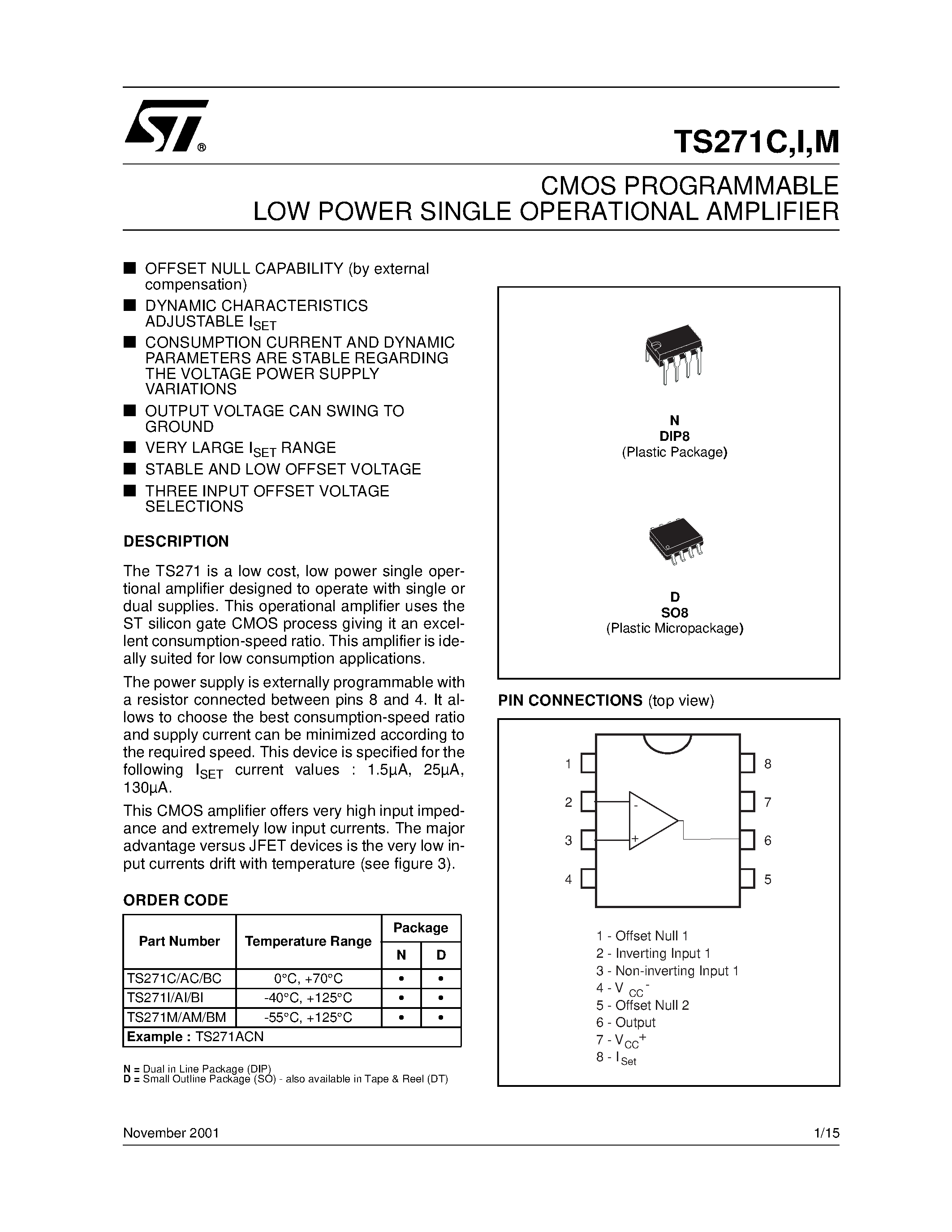 Datasheet TS271CB - CMOS PROGRAMMABLE LOW POWER SINGLE OPERATIONAL AMPLIFIER page 1