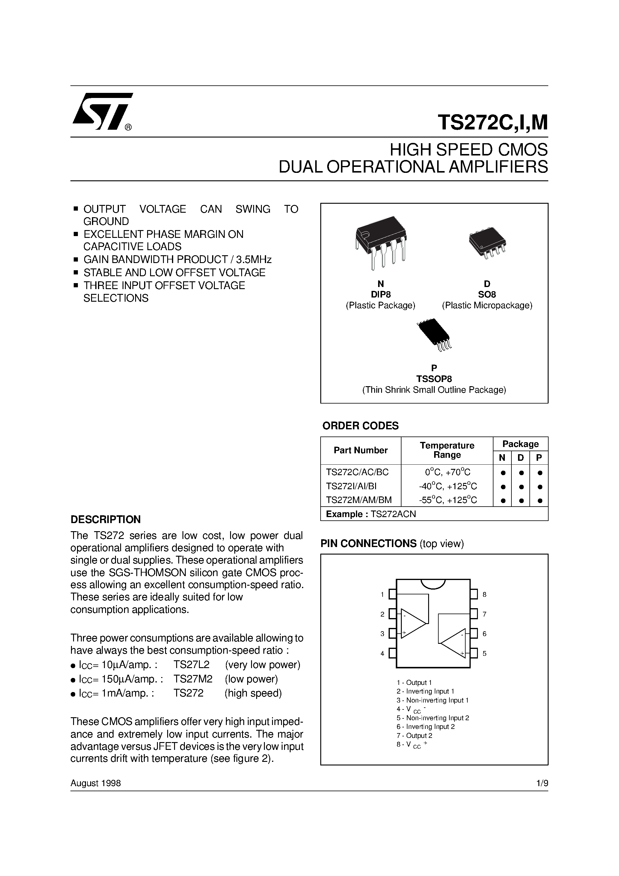 Datasheet TS272 - HIGH SPEED CMOS DUAL OPERATIONAL AMPLIFIERS page 1