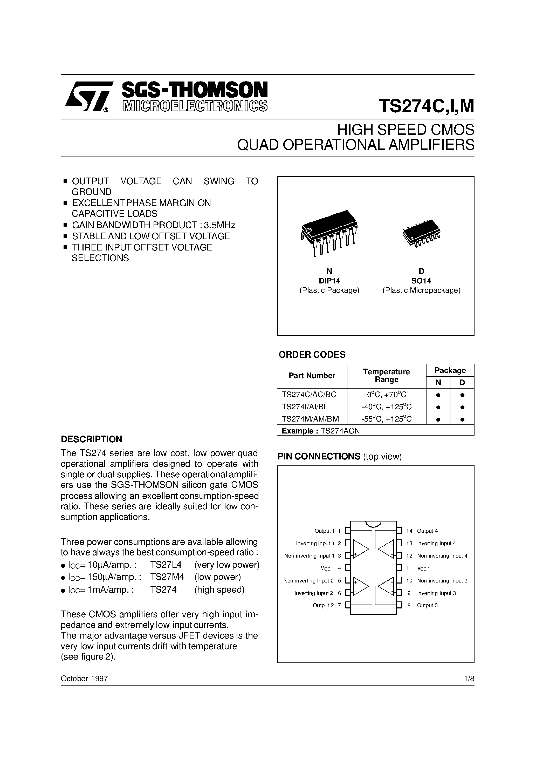 Datasheet TS274AC - HIGH SPEED CMOS QUAD OPERATIONAL AMPLIFIERS page 1