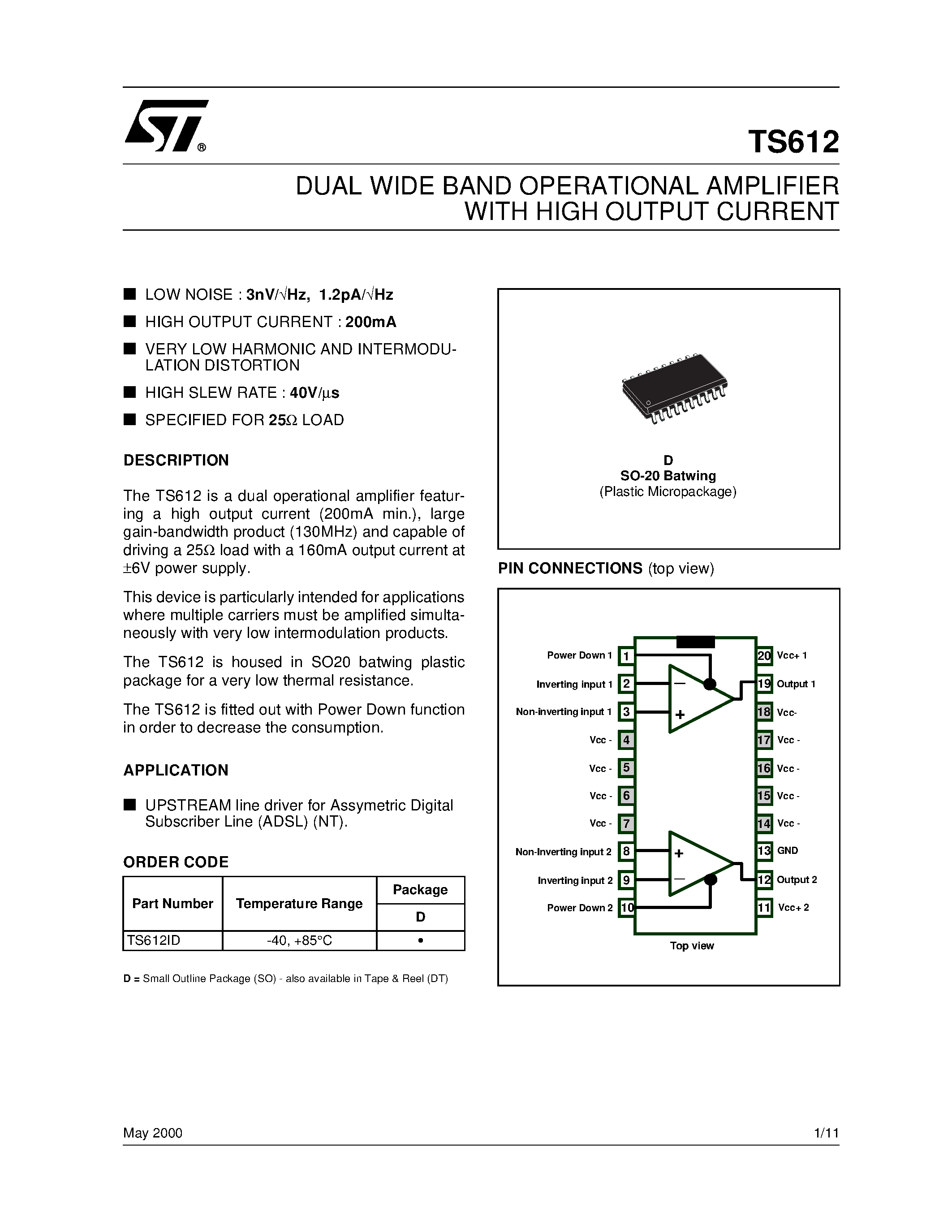 Datasheet TS612 - DUAL WIDE BAND OPERATIONAL AMPLIFIER WITH HIGH OUTPUT CURRENT page 1